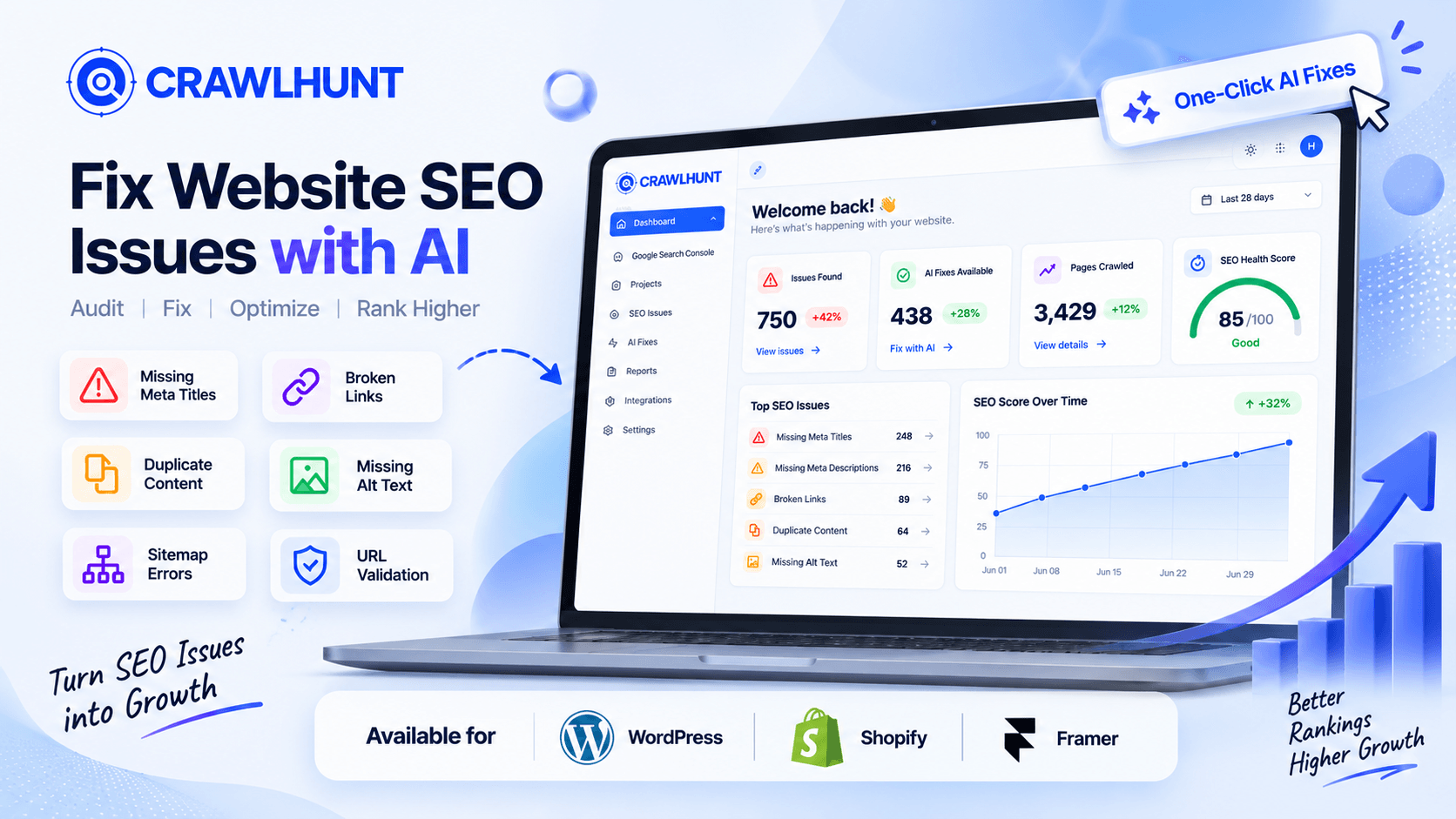 🚀 Framer Websites Look Great. But What About Their SEO?You’ve built a beautiful website in Framer. Now make sure Google can actually understand it. 🔍CrawlHunt helps Framer websites find and fix technical SEO issues before they hurt your visibility.With CrawlHunt, you can:🔎 Find SEO issues across your website 🏷 Detect missing & duplicate meta titles/descriptions 🖼 Identify missing image alt text 🔗 Find broken links & URL issues 📋 Check sitemap & indexing problems ⚡ Monitor Core Web Vitals & performance 🤖 Use AI-powered fixes to resolve issues fasterInstead of manually checking page after page, let CrawlHunt crawl, identify, and help fix the problems for you.Built for modern websites. Now available for Framer.Try CrawlHunt:Explore CrawlHunt: https://www.crawlhunt.com/Shopify App : https://lnkd.in/dwG36HzbWordPress Plugin : https://lnkd.in/dkFYFhVRFramer Plugin: https://lnkd.in/dsQJg8GB👉 Audit. Fix. Optimize. Grow with CrawlHunt.#Framer #FramerWebsite #FramerDesign #SEO #TechnicalSEO #AISEO #CrawlHunt #WebDesign #WebsiteSEO #SEOAutomation #NoCode