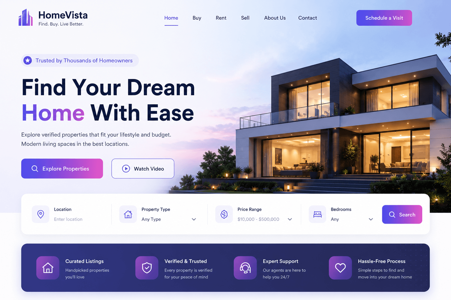 🚀 Just built a modern real estate landing page in Framer.The goal was to create a premium experience that feels clean, elegant, and conversion-focused.✨ Design Highlights: • Soft light-purple color palette with modern accents • Clean typography and generous whitespace • High-converting hero section • Custom property search UI • Premium glassmorphism-inspired cards • Smooth CTA hierarchy for better user engagement • Fully responsive and optimized for every deviceGreat design isn't just about making things look beautiful—it's about creating experiences that build trust and encourage action.What do you think of this direction? Feedback is always welcome. 💜#Framer #WebDesign #UIDesign #UXDesign #LandingPage #RealEstate #WebsiteDesign #NoCode #ProductDesign #CreativeDesign