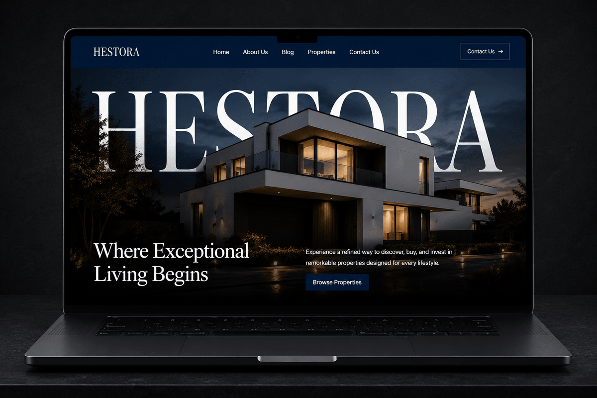 Hestora: A dark, editorial Framer template for luxury real estate agencies and property developers.
