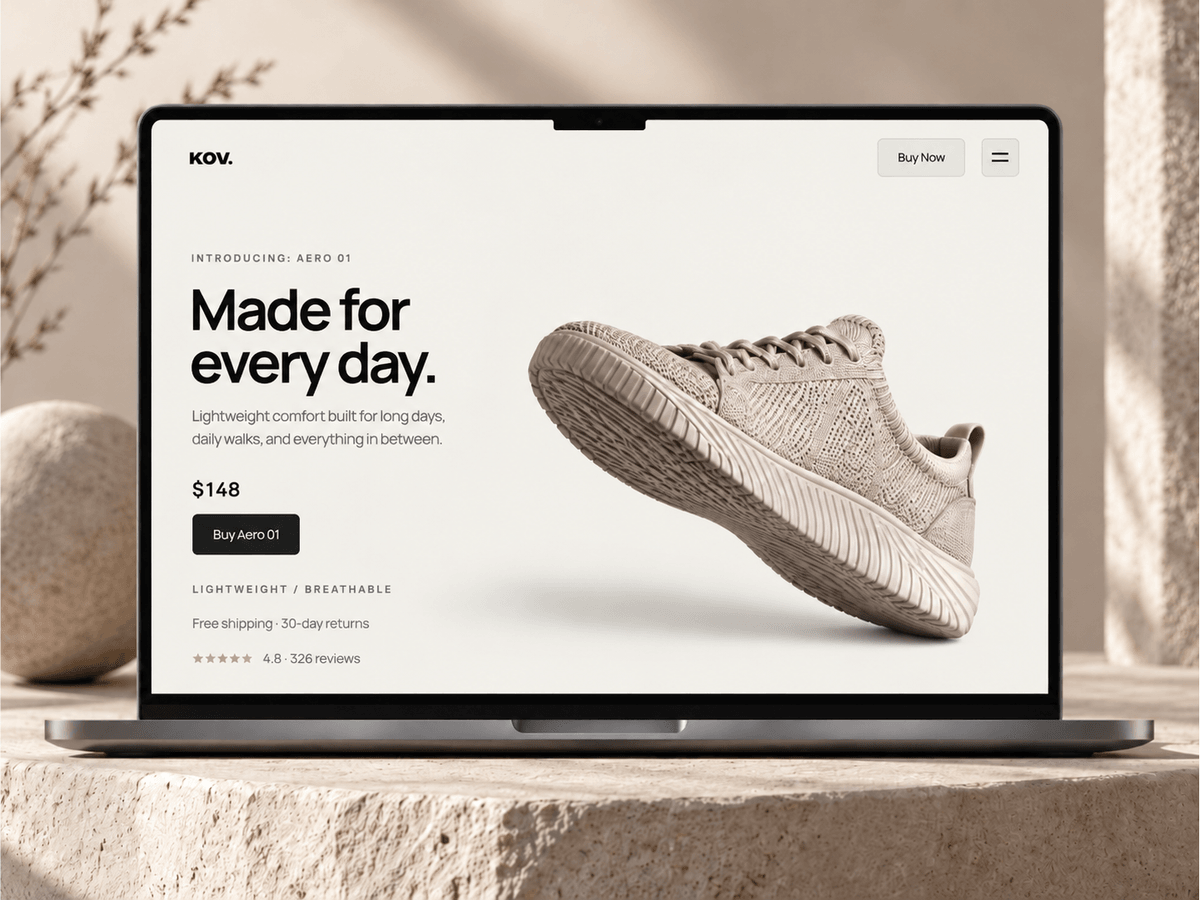 Kov: A Framer template for single-product fashion and footwear brands that want an editorial product launch page.