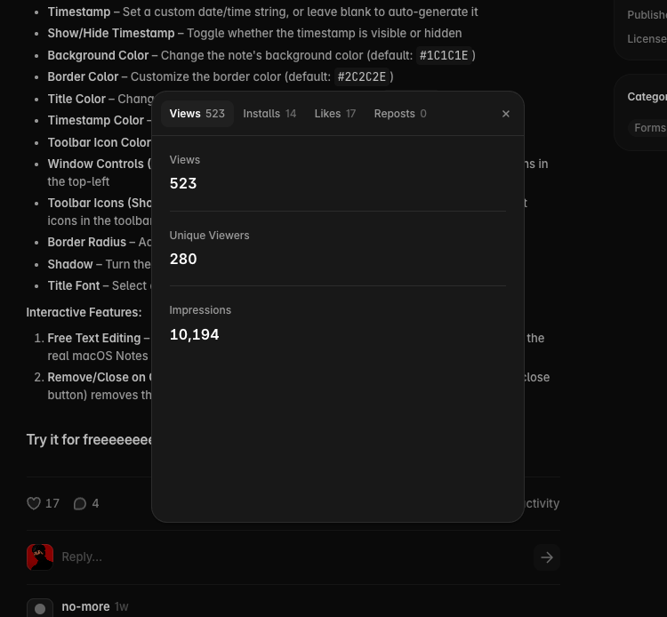 My first component received 10k+ impressions.Component Name: Mac Note CardLive preview: https://modern-everything-210729.framer.app/