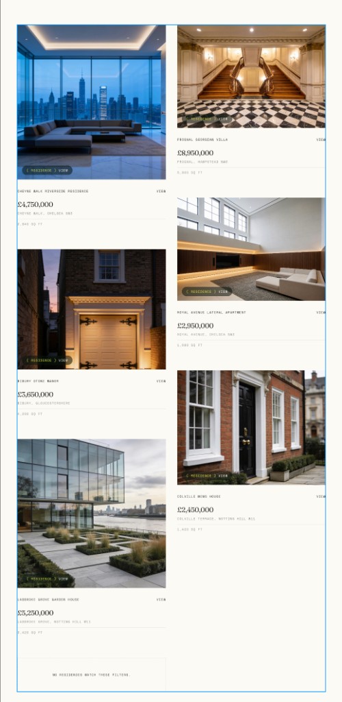 Arbour WIP — properties list. COMING SOONtwo columns, six residences, CMS-bound. the pill opens the detail page.#Framer #FramerTemplate