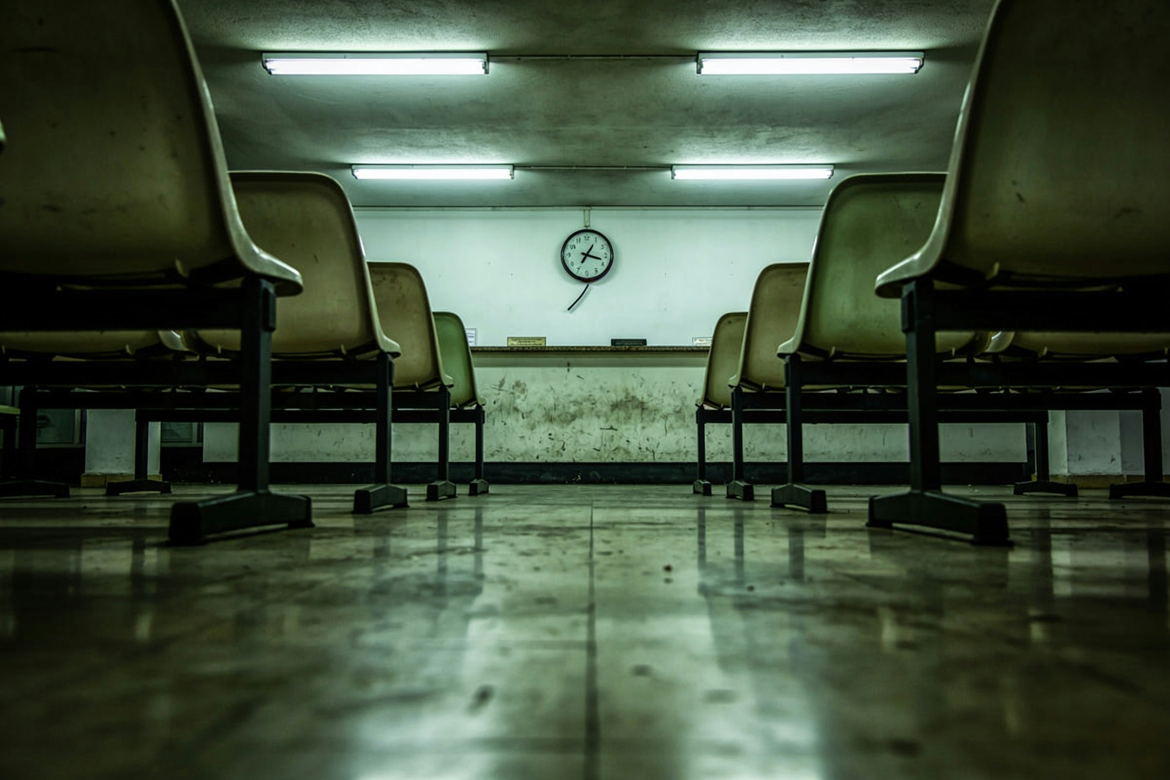 Another set for the Framer template I’m building — institutional waiting rooms, generated in Lummi.Fluorescent green, empty chairs, a clock on the far wall. One world, not mixed stock.Curious if this holds next to the cafe / fog set, or if it splits the mood too far.Lummi: https://www.lummi.ai/creator/builtbykern