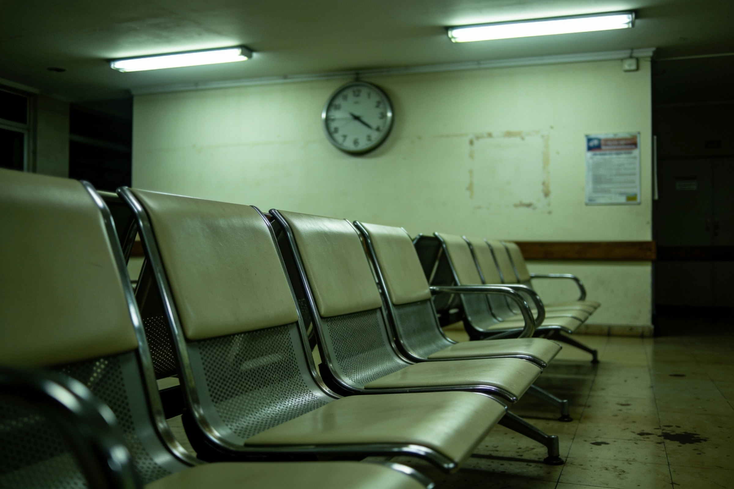 Another set for the Framer template I’m building — institutional waiting rooms, generated in Lummi.Fluorescent green, empty chairs, a clock on the far wall. One world, not mixed stock.Curious if this holds next to the cafe / fog set, or if it splits the mood too far.Lummi: https://www.lummi.ai/creator/builtbykern