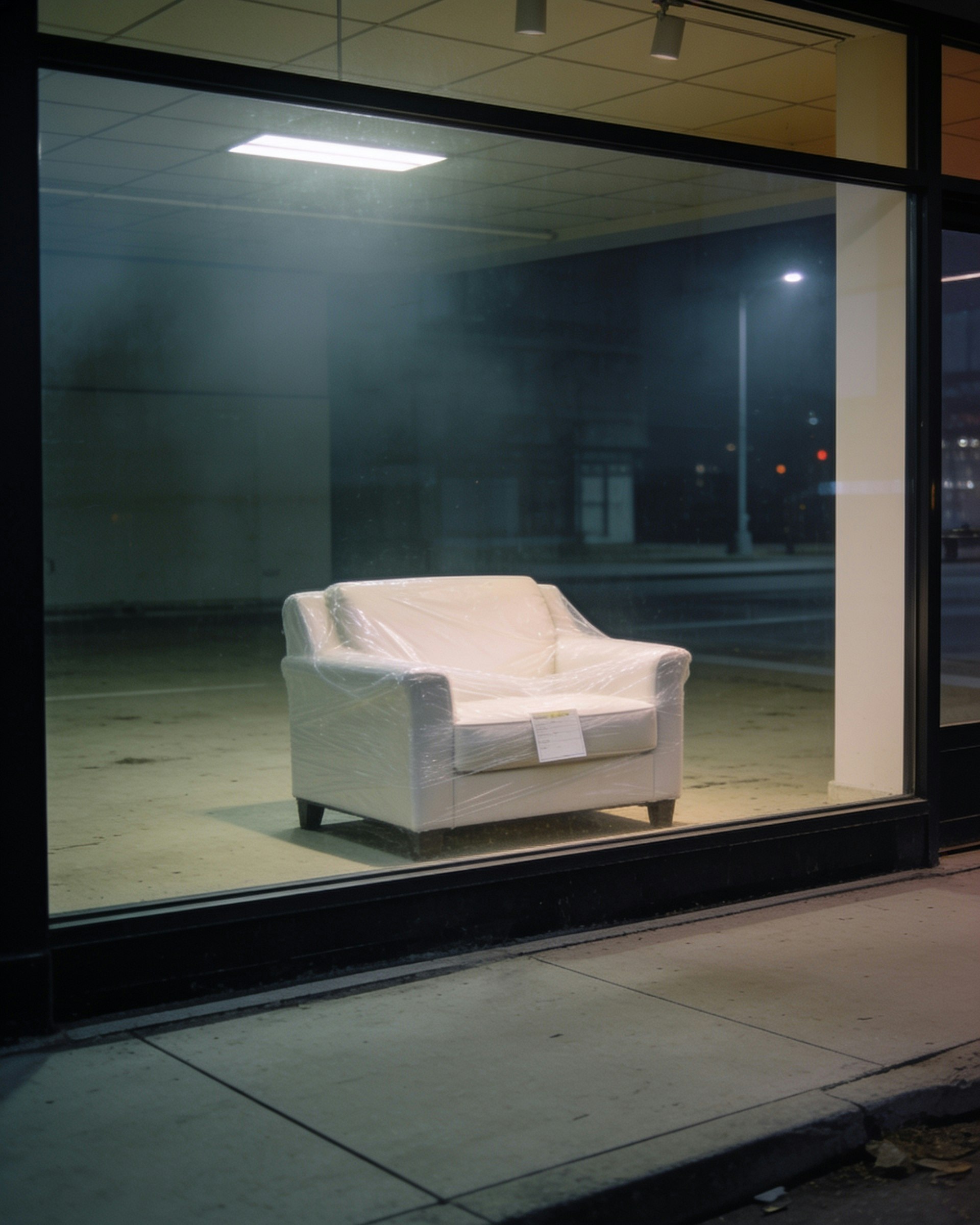 Another set for the Framer template I’m building — a chair still in plastic, empty showrooms, generated in Lummi.Clear wrap, a tag that doesn’t read, leftover shop light.#Framer #FramerTemplate