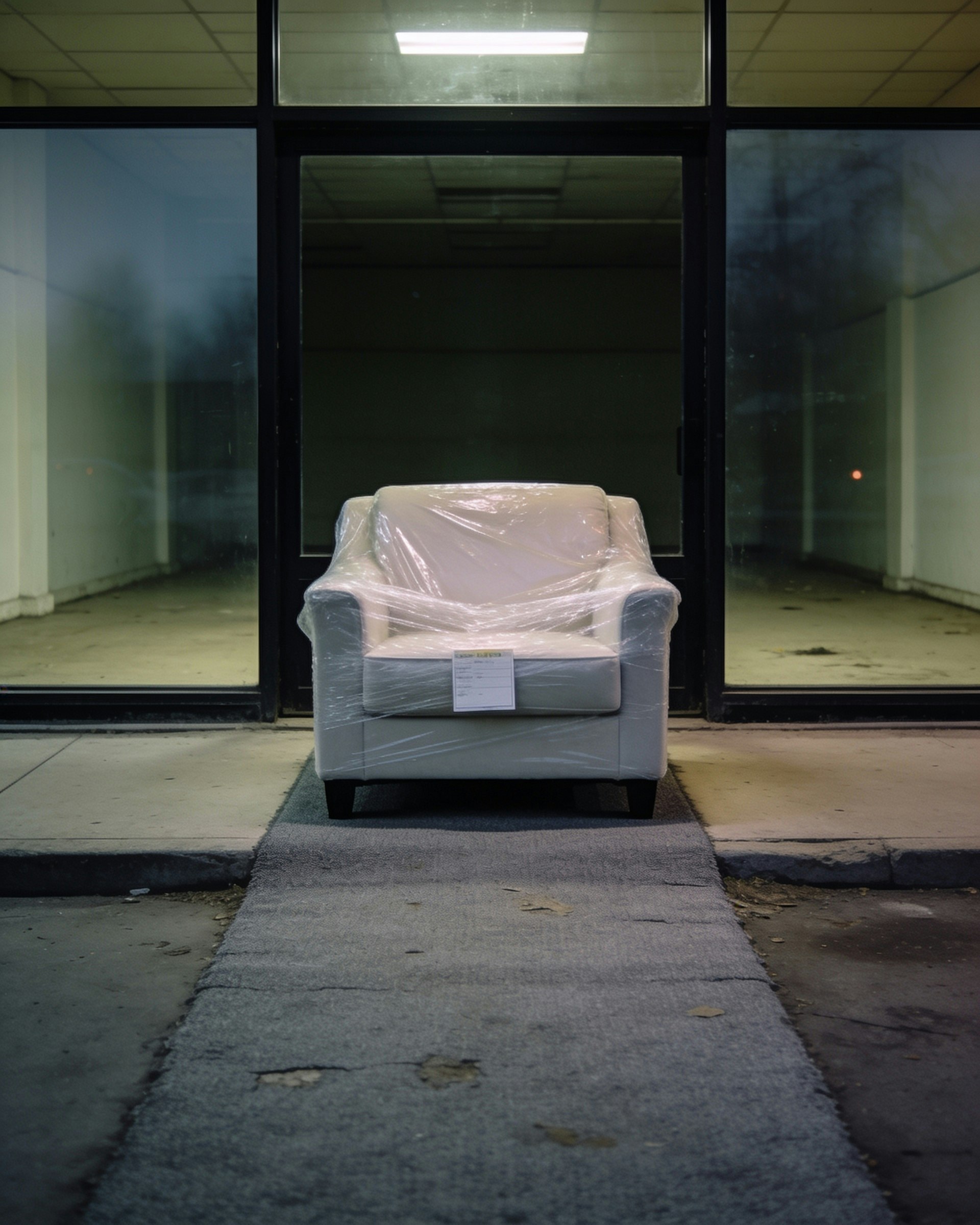 Another set for the Framer template I’m building — a chair still in plastic, empty showrooms, generated in Lummi.Clear wrap, a tag that doesn’t read, leftover shop light.#Framer #FramerTemplate