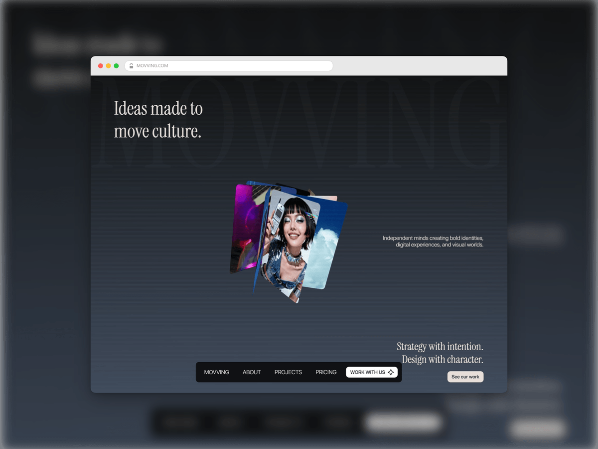MOVVING: A dark, editorial Framer template for independent studios that lead with type and photography instead of feature lists.