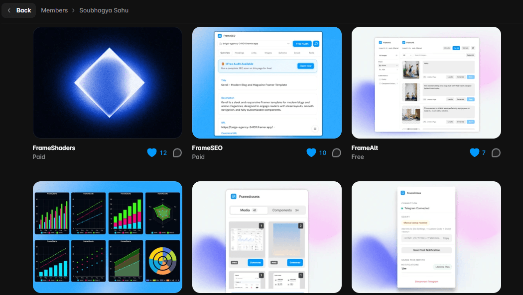I have built 9 plugins for FramerFrameSEO - For SEO FrameAlt - For AI alt texts FrameCharts - For charts FrameShaders - For Shaders, patterns, gradients FrameAssets - For downloading assets with the asset manager and more Now it's time to improve them to the next phase!