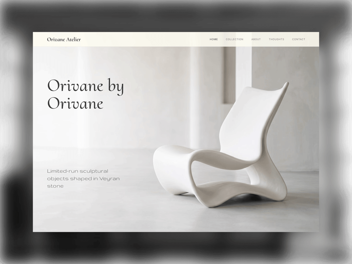 Orivane: A Framer coded template for studios selling limited-run sculptural objects, built around editorial type and image-led layouts.