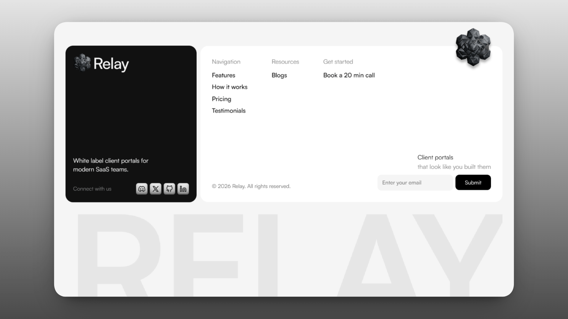 Footer for Relay | a white label SaaS landing template Just wrapped the footer for Relay, a monochrome landing page template I've been building. Went for a calm, premium feelBuilt entirely in Framer. Would love your thoughts on the balance and spacing