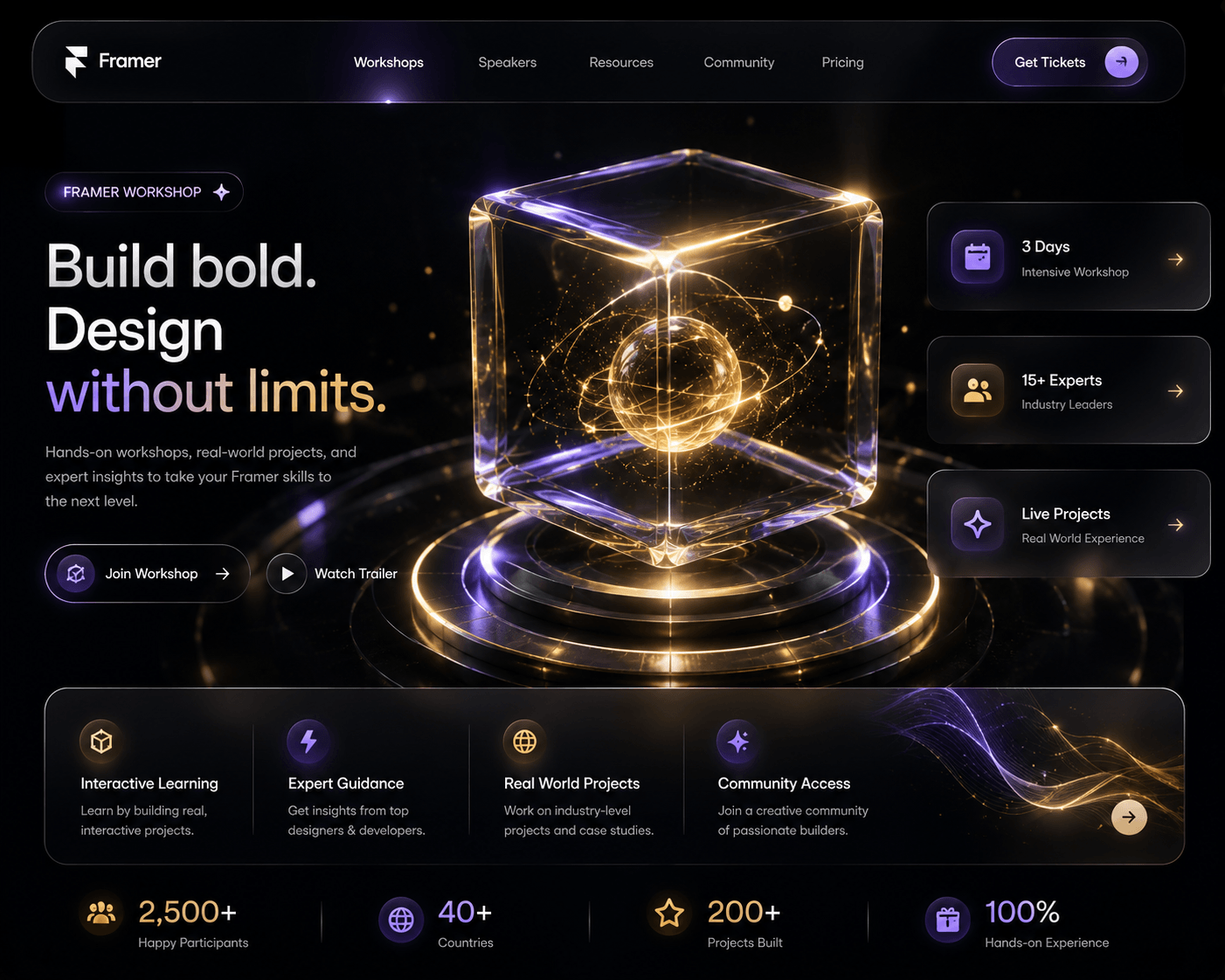 A futuristic glassmorphism workshop hero featuring a floating crystal cube, glowing energy core, and premium purple-gold lighting. Designed with cinematic depth, immersive 3D effects, and elegant UI for a modern Framer experience. ✨