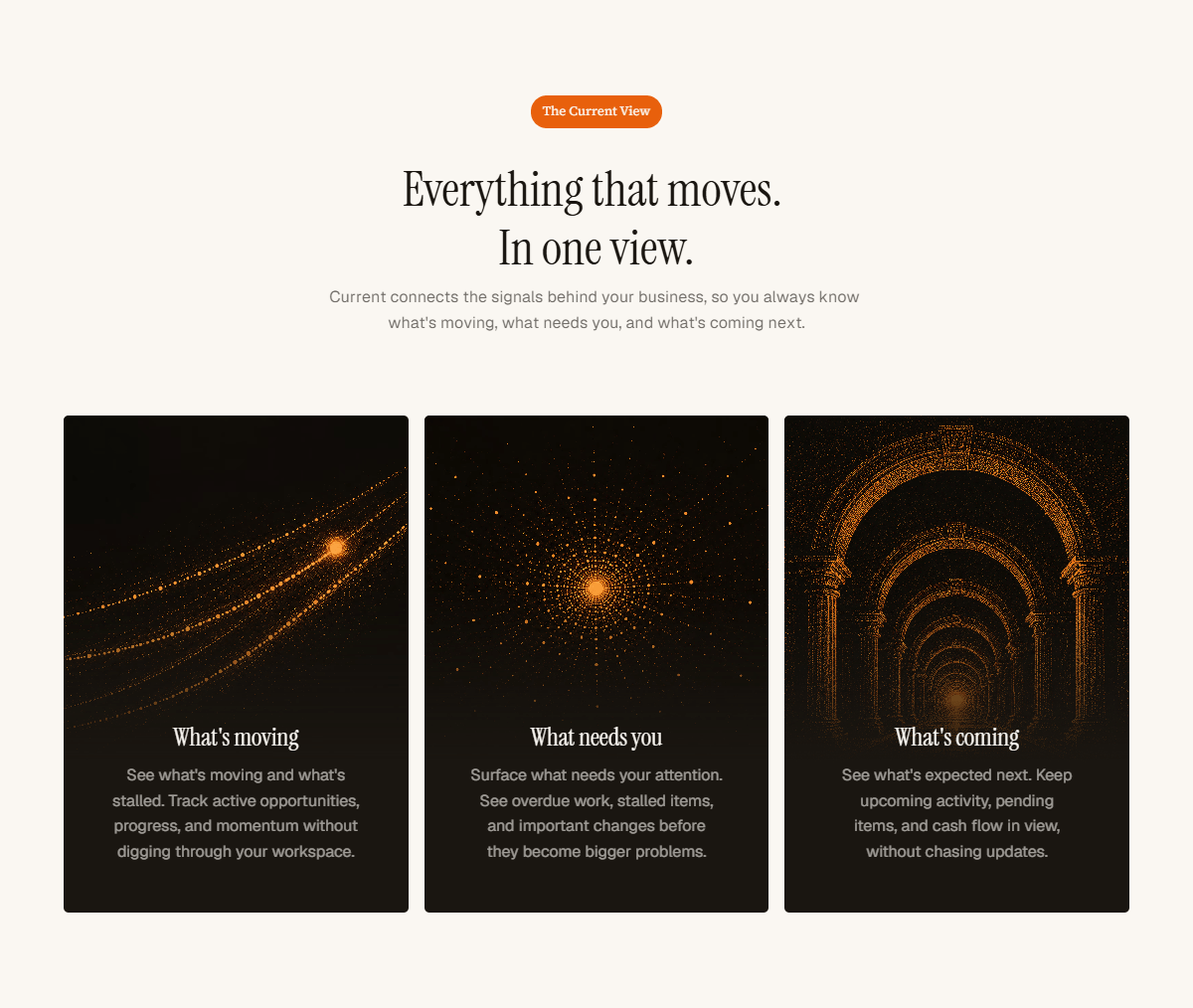 A SaaS product doesn't always need another dashboard screenshot.For Current, I wanted the first product explanation to be built around three questions:What's moving. What's needs you. What's coming.The interface can come later.First, make the product understandable.