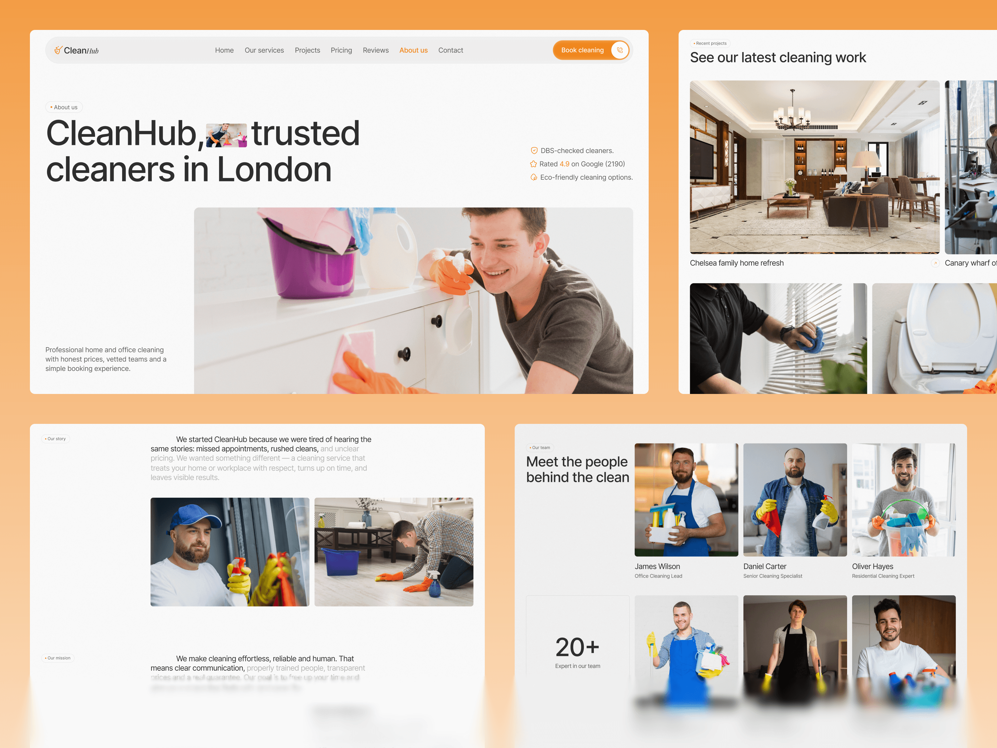 Take it. No purchase, no email, no catch - just duplicate it π https://framer.link/flekKauSix faces with names and job titles on a cleaning company website.Not stock. The actual people who will be in your house on Tuesday.Think about what is being bought here. A stranger gets a key to your home while you are at work. Nobody is comparing service lists at that point β they are deciding whether to be uncomfortable.James Wilson, Office Cleaning Lead. Now there is a person, not a company.When the service happens inside someone's home, the team page is the trust page.