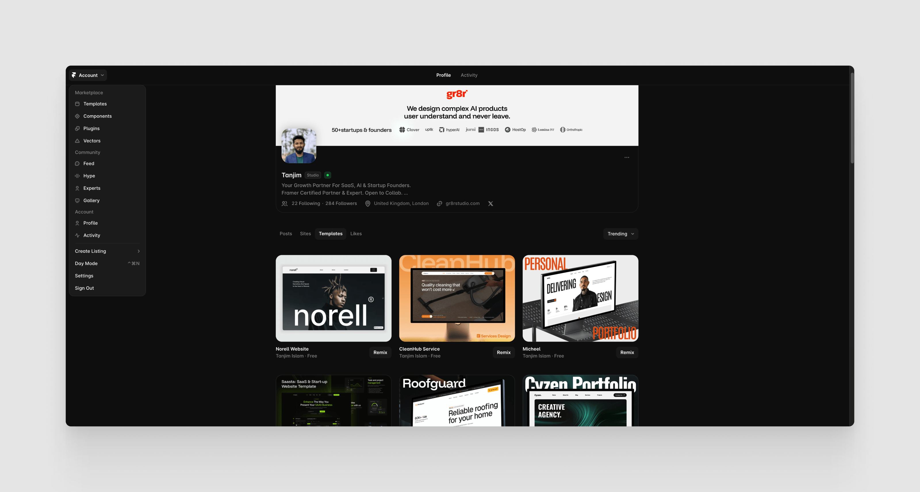 Framer just put ranking where creators can actually use it.Open your profile → sort by Trending → your templates now line up in serial order. Best performer first.No more guessing which one is carrying the profile.And on each card → Remix button and pricing sit right there. No click into the listing to check free or paid.One less step between "I like this" and "I'm using this."Small screen. Real difference in how fast a visitor decides.Take Norell from here - https://framer.link/gwtnnxI