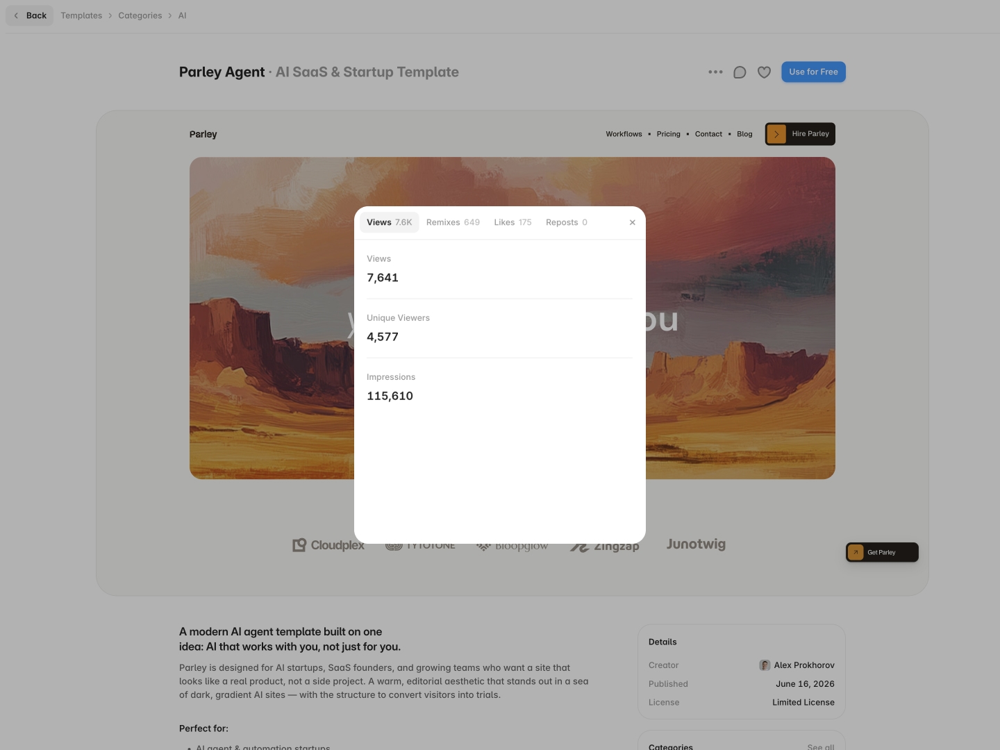 another milestone for parleyjust hit 115k+ impressions, 650+ remixes, and 175 likes in just 1.5 months. this template is proof that an incredible community can make wonders happen. it wouldn't have been possible without everyone who commented, remixed, and used it to build amazing websites. thank you ❤