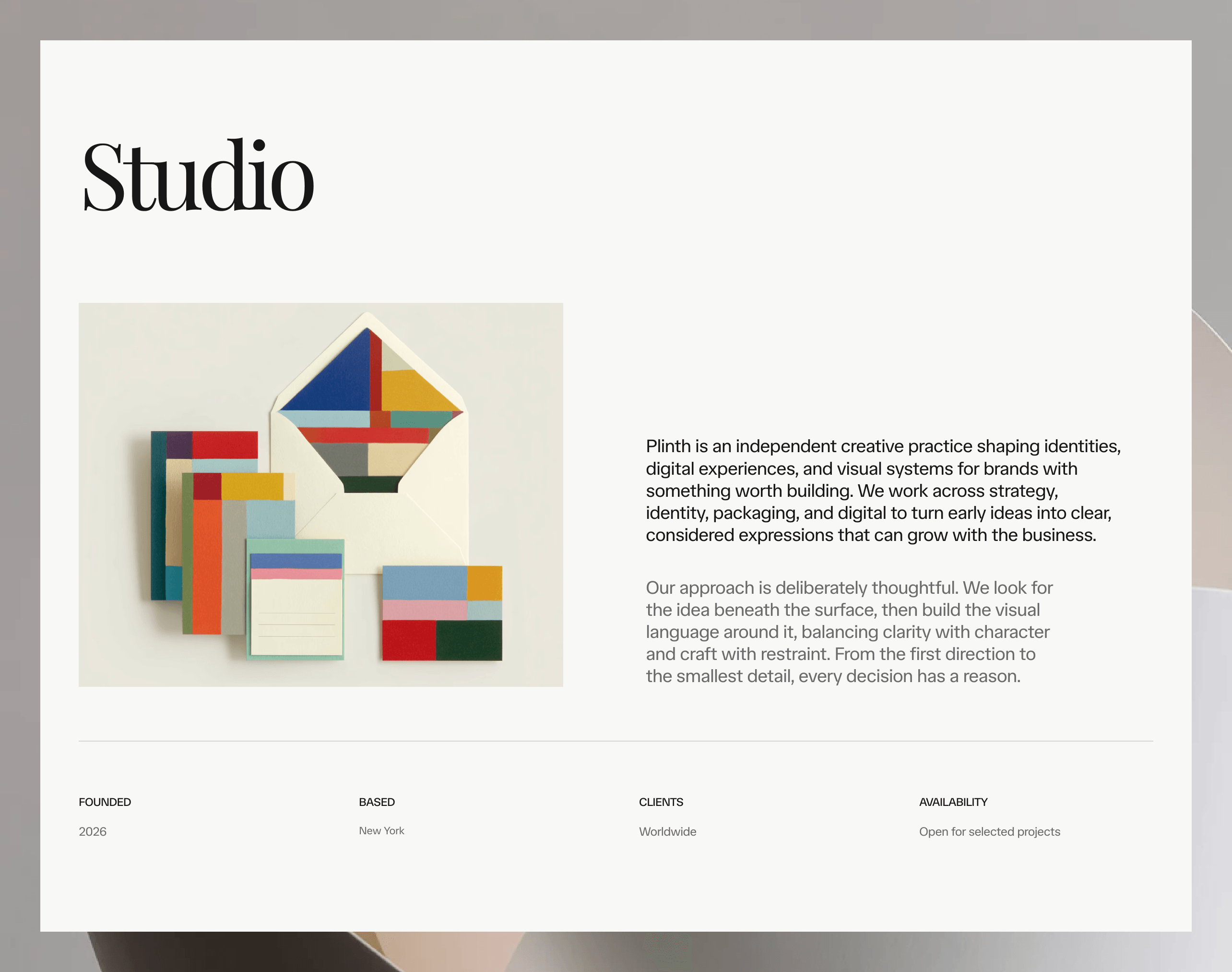 Studio section for a creative agency template. Kept the layout dead simple. Let the paper photography do the heavy lifting. Too plain or exactly the point?