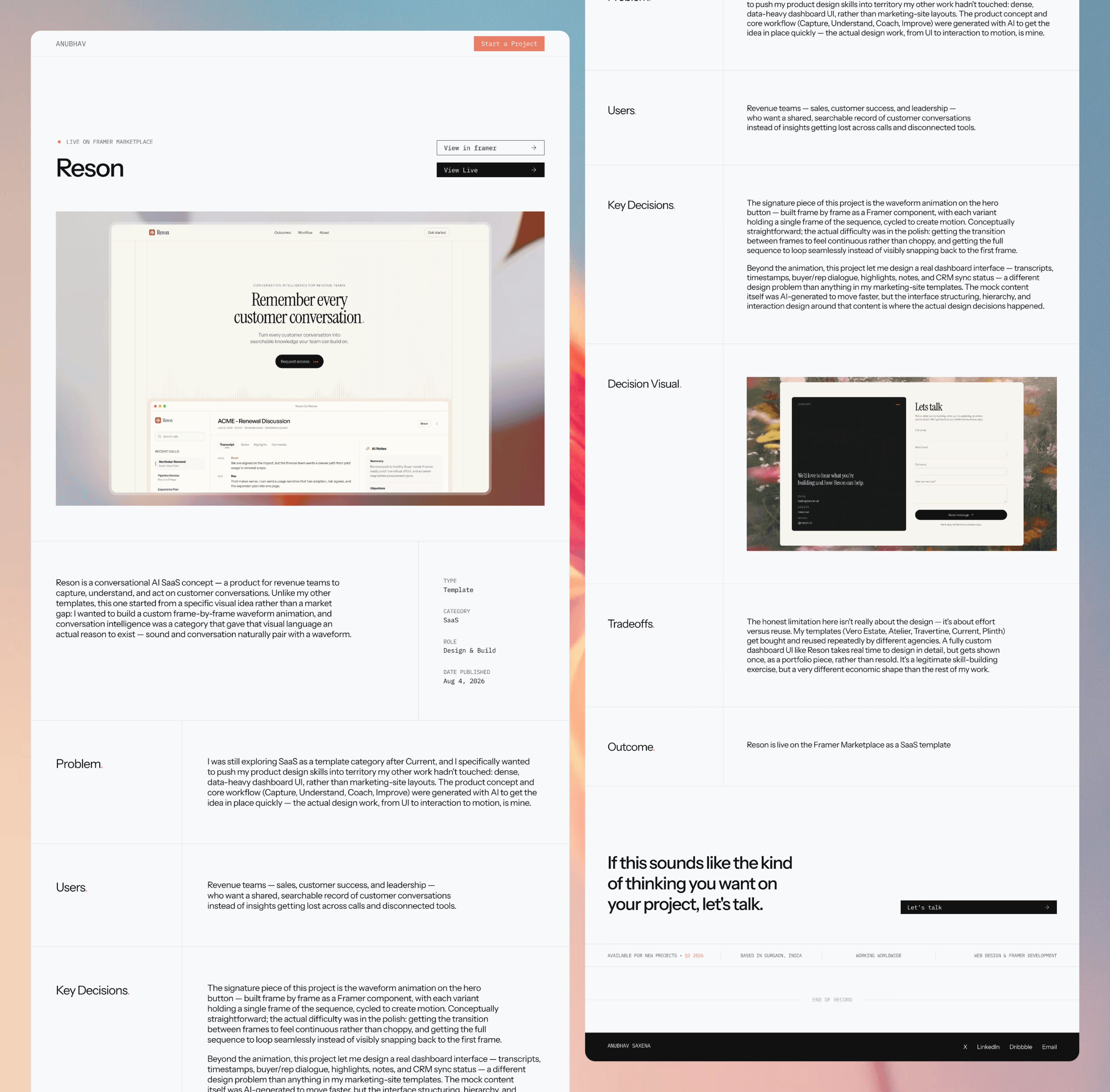 Added two new case studies to the portfolio — Reson and Plinth. Actually broke down the decisions this time. Problem, key tradeoffs, why I built it the way I did. Worth a look if you're into the process, not just the polish.