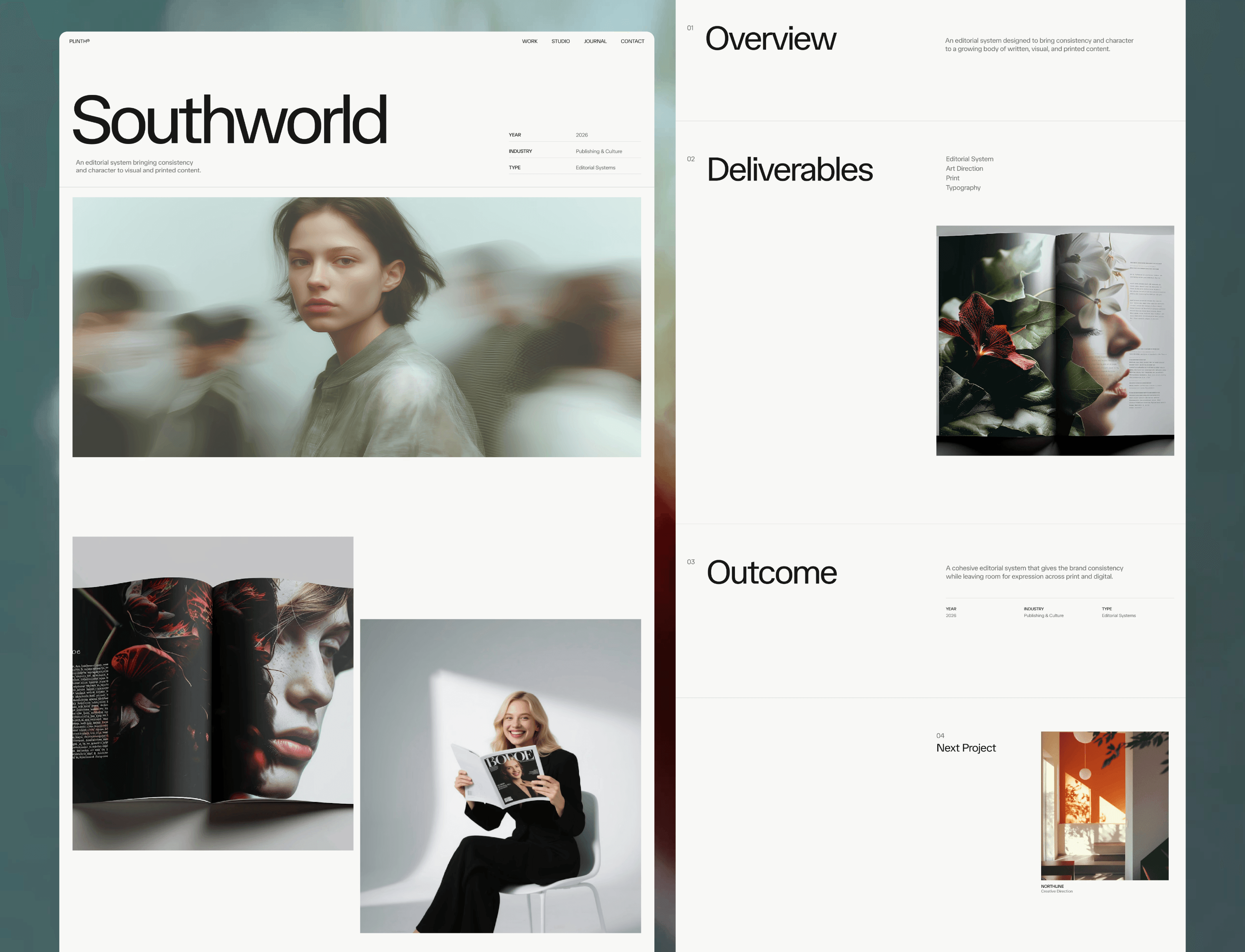 This is one of the case study pages from Plinth. Didn't add much structure to it. Editorial photography was already strong enough on its own. Came out cleaner than expected.