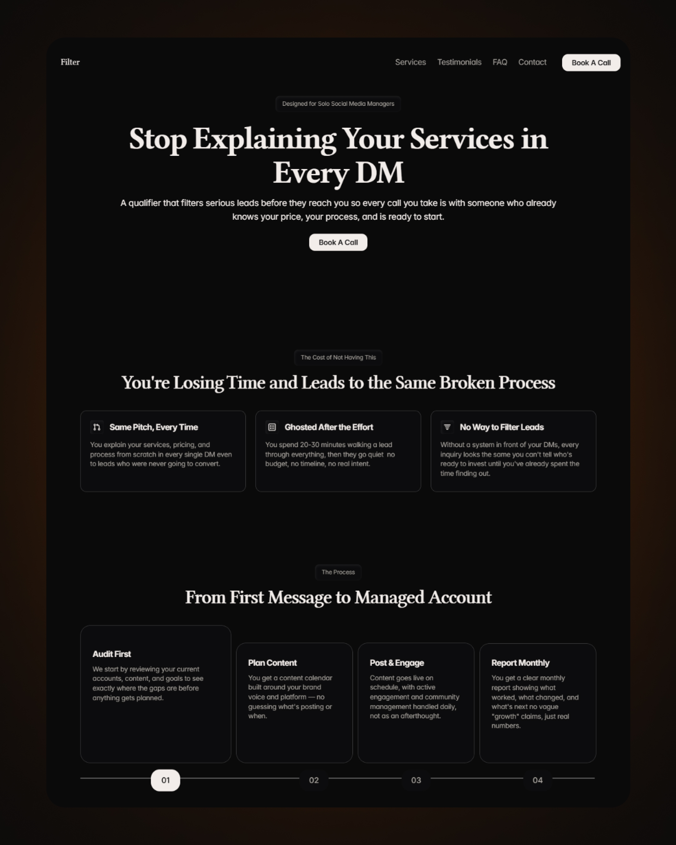 Spent the day building this for SMMs who are done explaining their services from scratch in every DM.You've been in this space a while so be honest, no sugarcoating. Is this the kind of page that gets you booked, or does it need work?Going live in 24h. Drop your take below. 👇#socialmediamanagement #smm #contentcreator #framer #webdesign