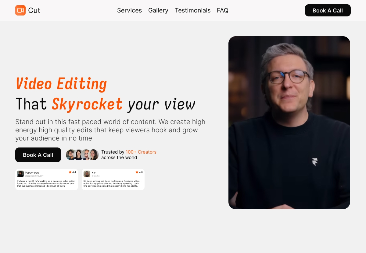 Video editors get judged in 3 seconds flat.Built this hero section to make sure those 3 seconds work for you — not against you.Clear offer, clear proof, one CTA. Nothing else competing for attention.