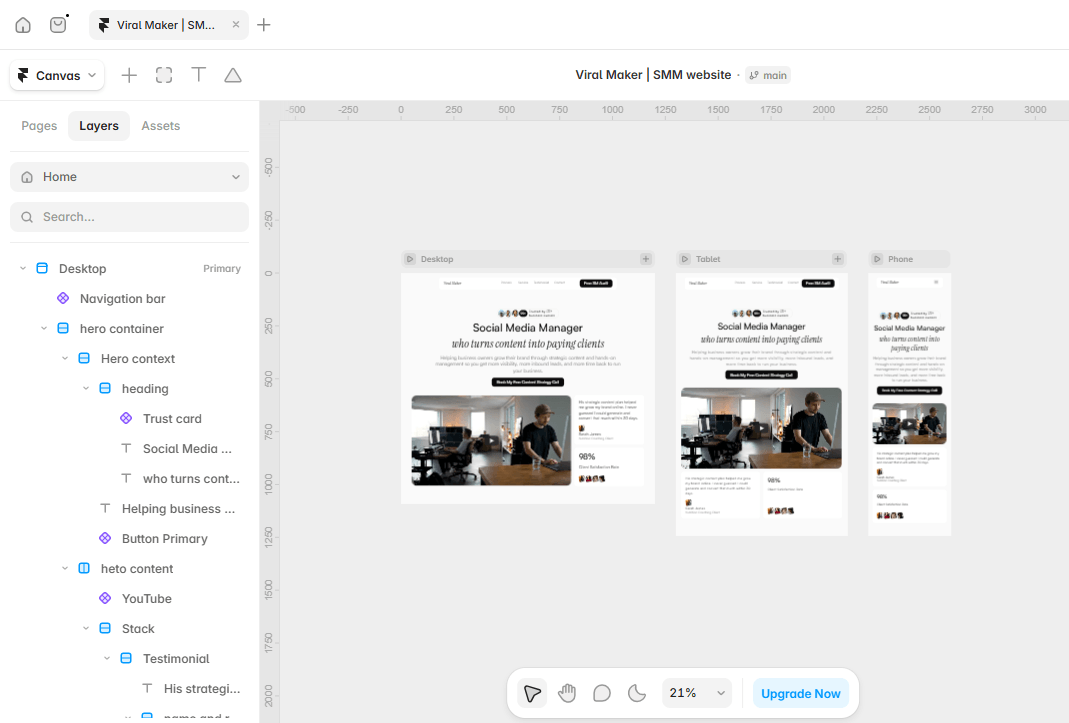 Building "Viral Maker" a Framer template made specifically for social media managers and content consultants who need a site that sells credibility on sight.Fully responsive across desktop, tablet, and mobile. Hero section is locked in: clear positioning, instant social proof, and a CTA that doesn't leave visitors guessing what happens when they click.More sections coming soon. 🚀
