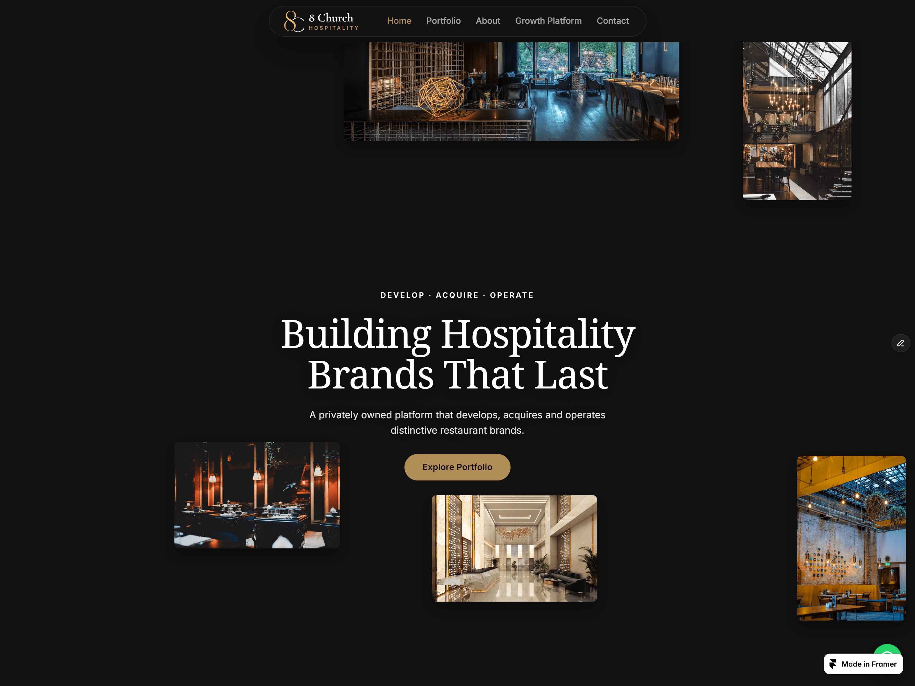 Building brands isn't just about great food it's about creating unforgettable hospitality experiences.Proud to share one of my latest Framer website designs for 8 Church Hospitality a premium hospitality investment platform focused on developing, acquiring, and operating restaurant brands.The goal was to create a website that feels more like a private equity firm than a traditional restaurant website, with a strong focus on luxury, trust, and modern design