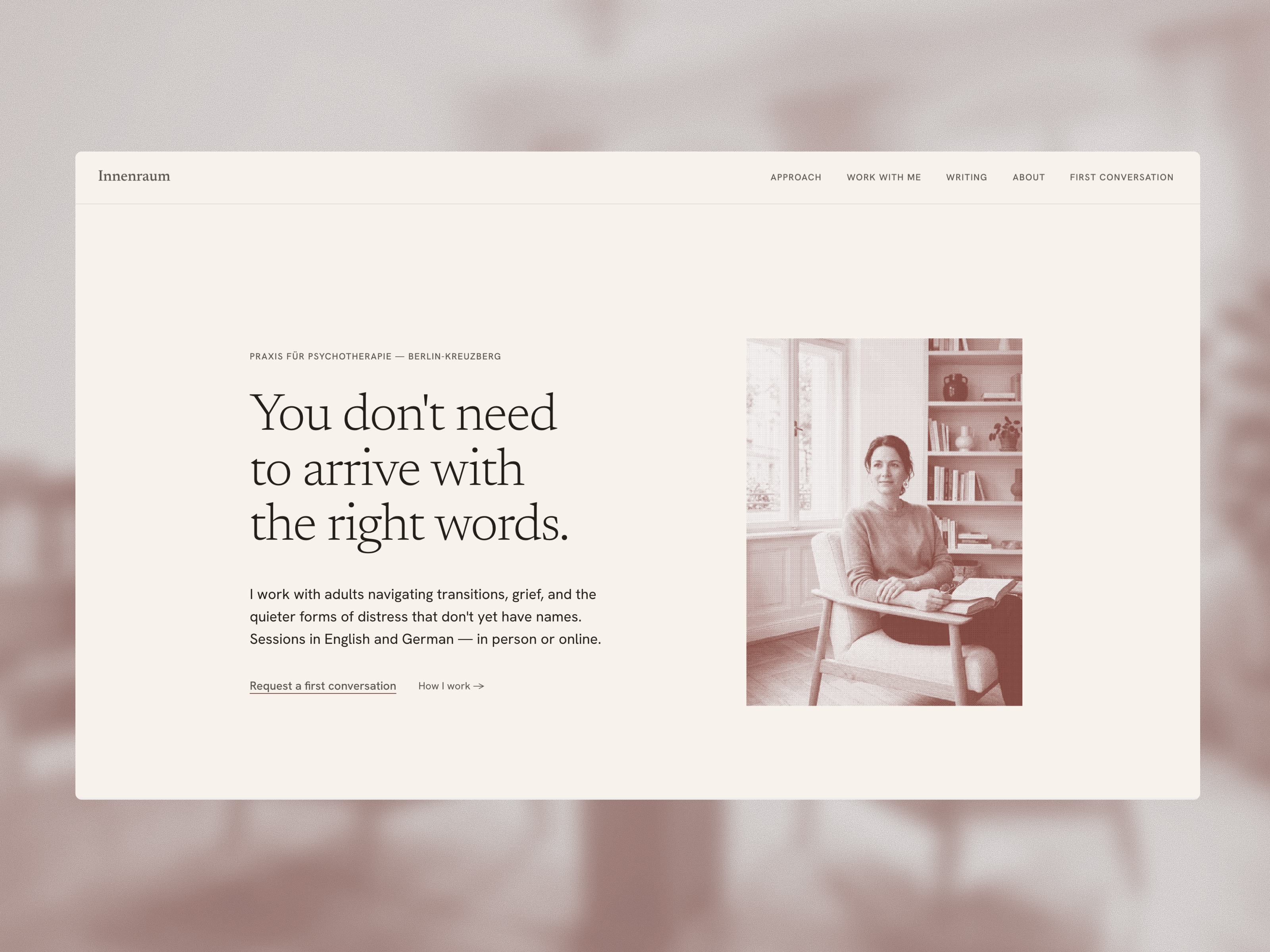 Innenraum — website template for therapists and coaches. Editorial structure, fully written demo content, themed Cal.com booking, grain-reveal images.https://framer.link/6to1BiG