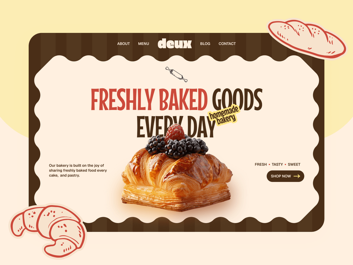 Deux: A Framer coded template for bakeries and food brands, built around oversized display type and hand-drawn bakery marks.