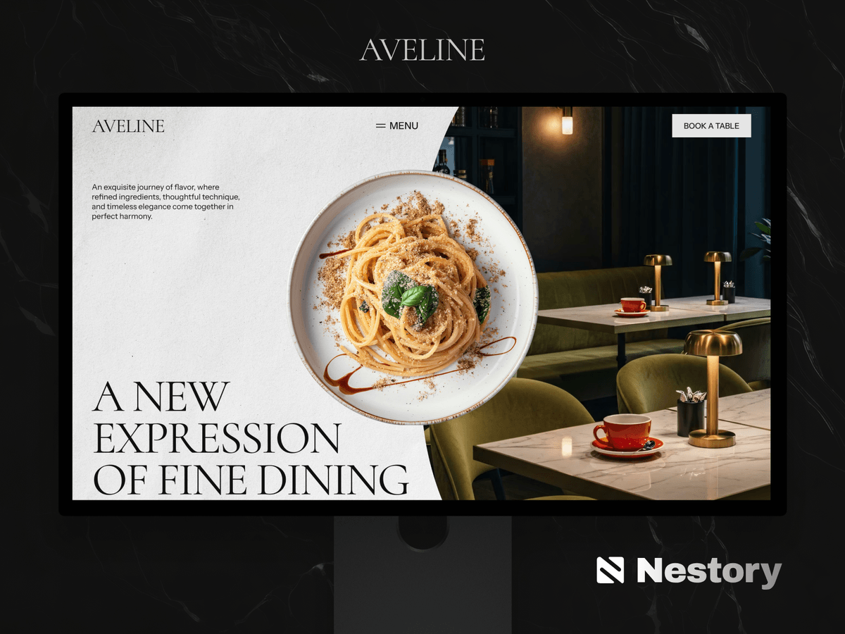 Aveline Dining: A Framer restaurant template built around editorial serif type and full-bleed food photography, aimed at fine-dining and hospitality studios.