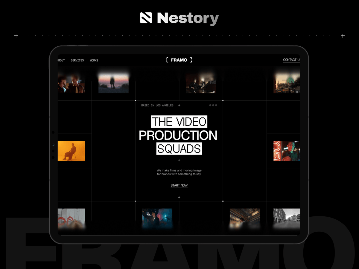 Framo: A dark, film-grid Framer template for video production studios and creative agencies that want an image-forward portfolio site.