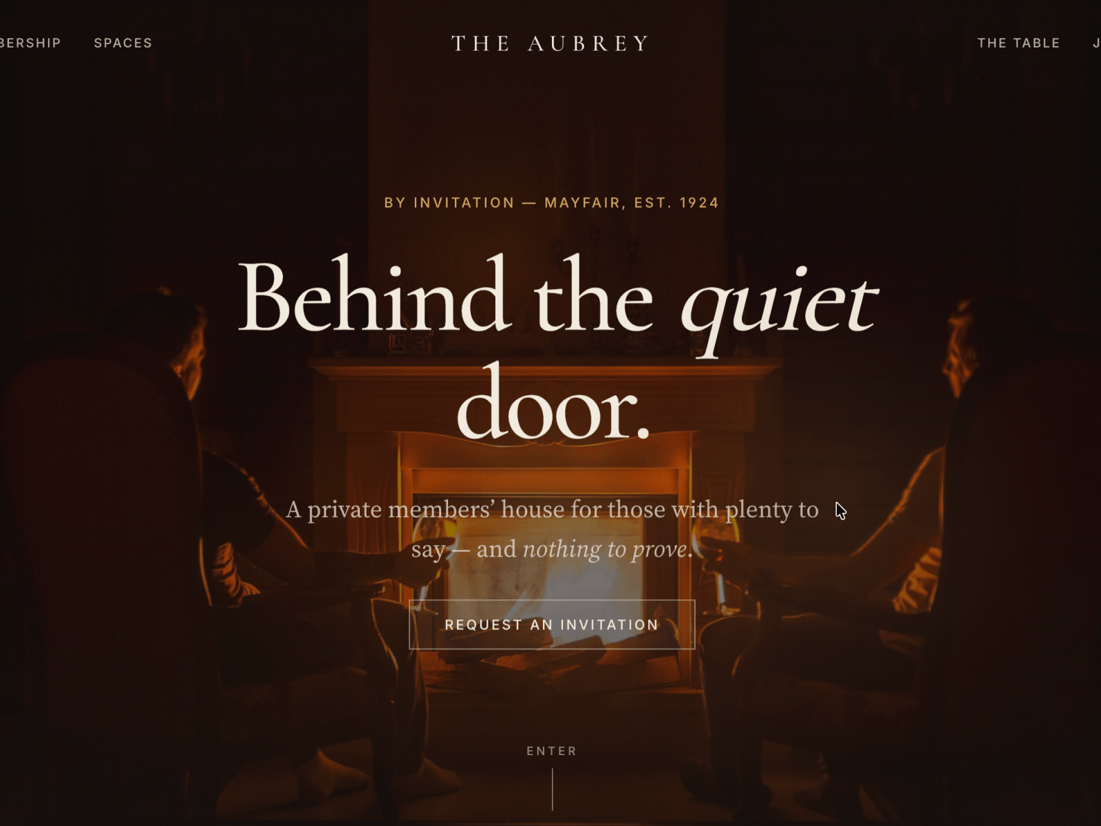 The Aubrey shows you the rooms and the hours. Not one member's face in the whole site.I pulled the photos of people having a good time and it started feeling expensive.theaubrey.framer.website