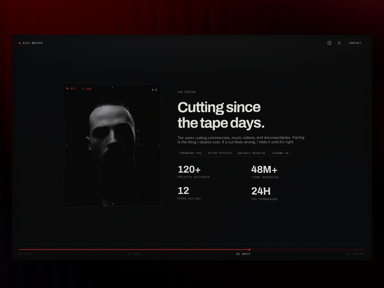 CUT puts the numbers up front. Films shipped and years running, before a single frame plays.Editor sites lead with a showreel and leave the client guessing whether you are any good.cutt.framer.website