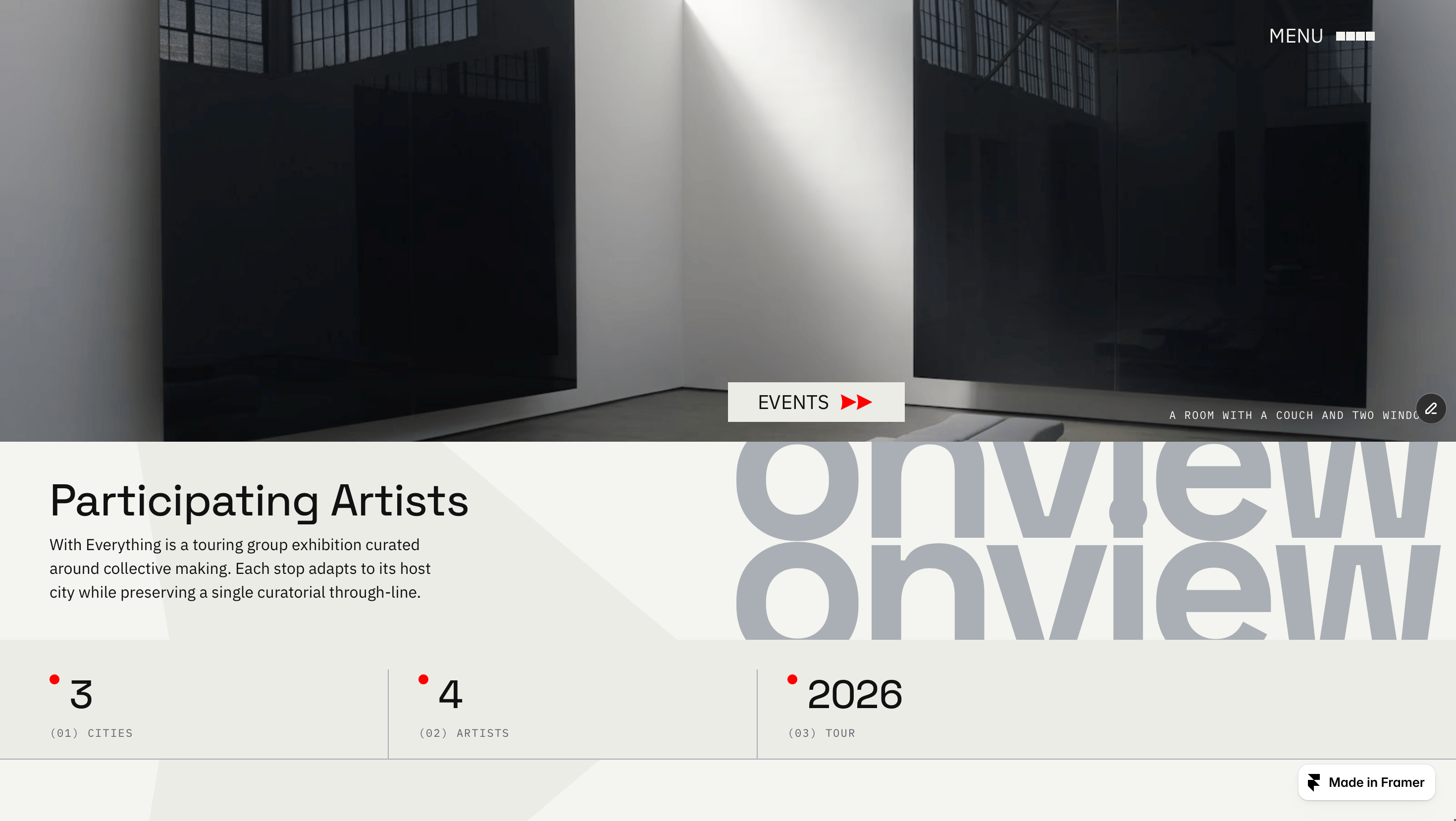 I have been experimenting with this layout for an art exhibition website. Out of around 10 versions I'm down to these two. I need to add a logo and I will most likely change the menu icon. I quite like the rest tho may change the title font too. What do you like and what would you change?