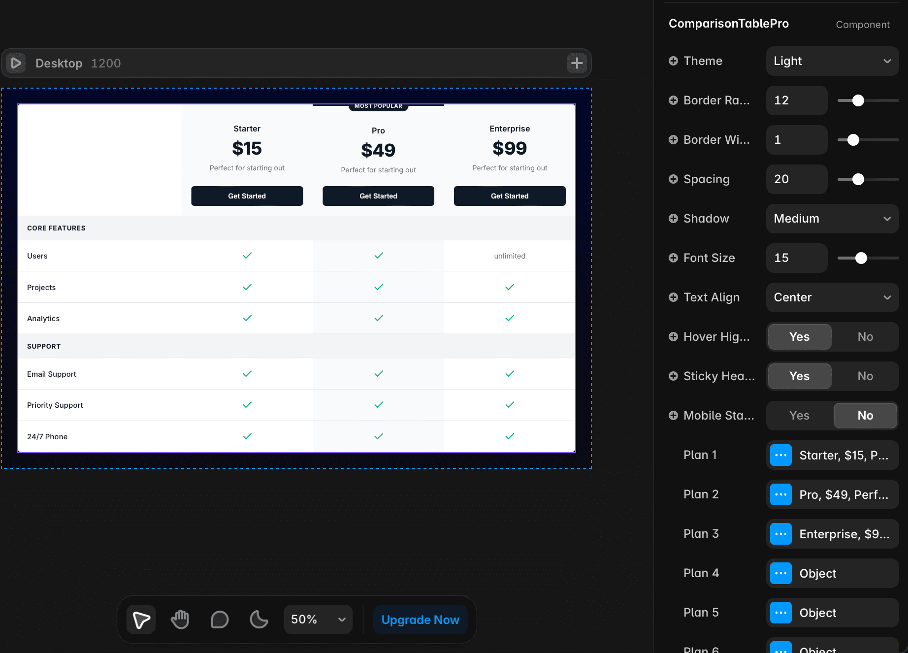 SaaS Comparison Tabl