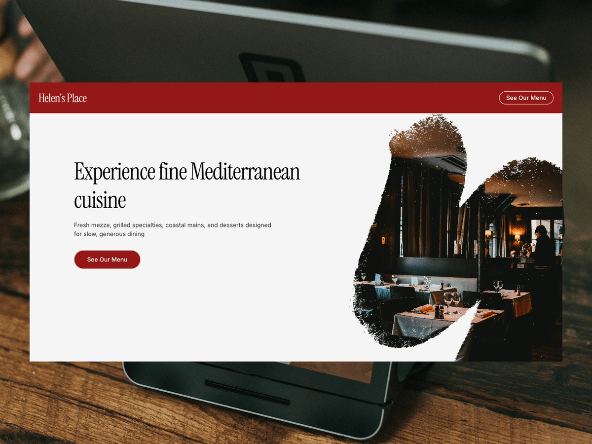 Helen's Place: A Framer restaurant template pairing a warm serif headline with a torn-edge photo mask for Mediterranean and hospitality sites.