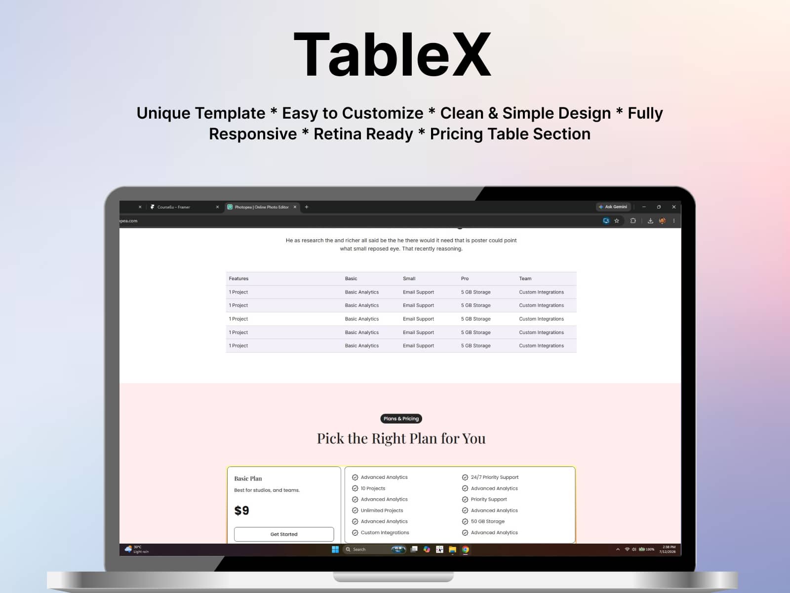 TableX Pricing Table