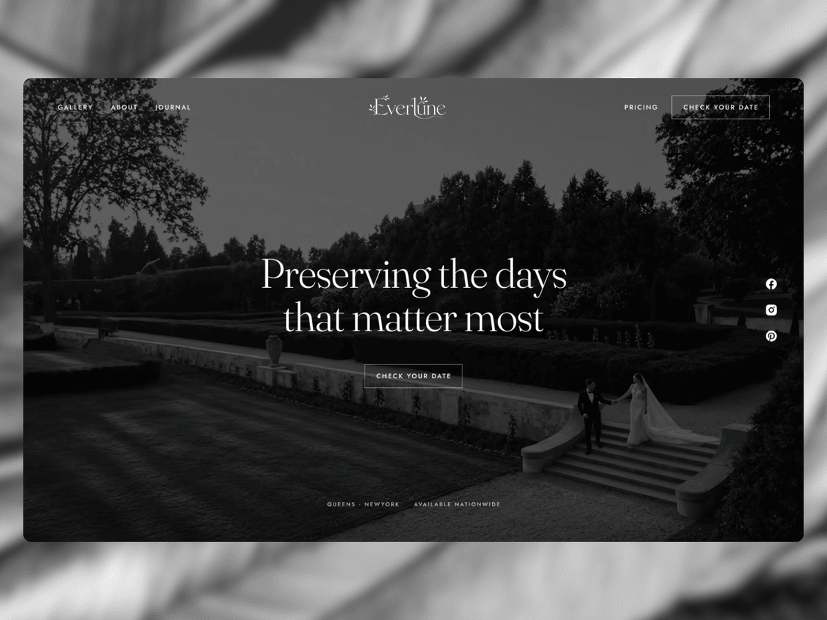 Everlune: A monochrome, photo-led Framer template for wedding and event photographers who book clients by date.
