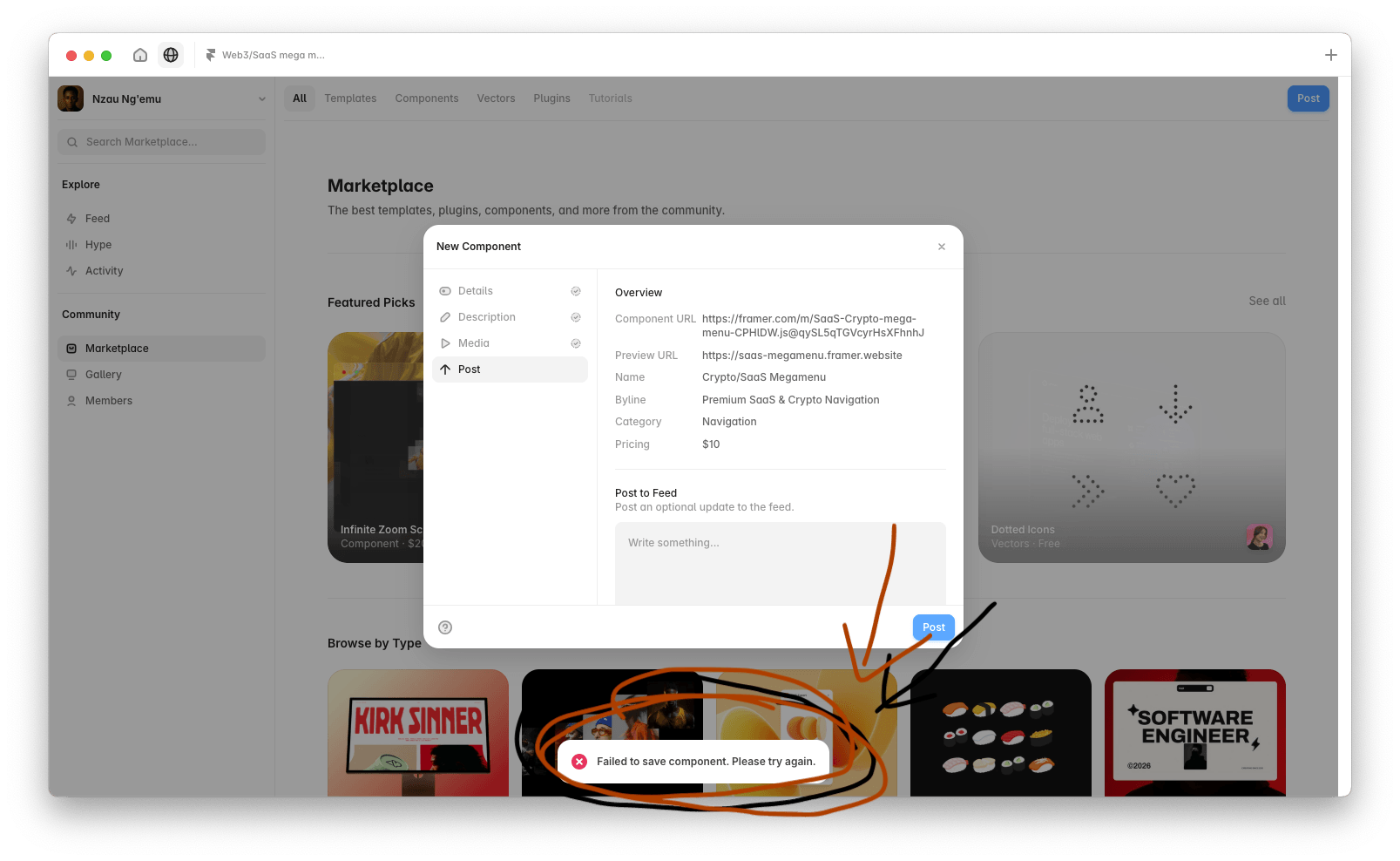 Has anyone else experienced this?I am trying to submit a template to the marketplace but i keep getting this error (Check the screenshot)I have changed the component name, description e.t.c yet the issue persists. I would love to hear how y'all solved this