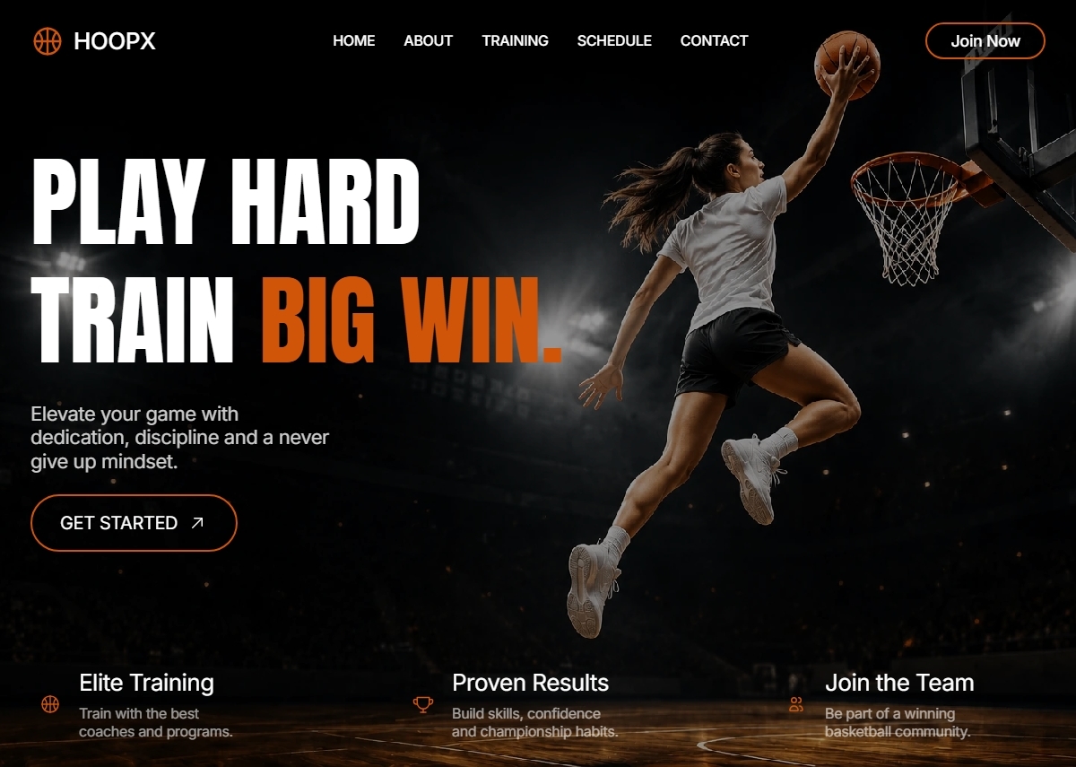Hero Section Create design in Basketball.A bold basketball experience built to turn every move into a winning moment.Rate it out of 10?