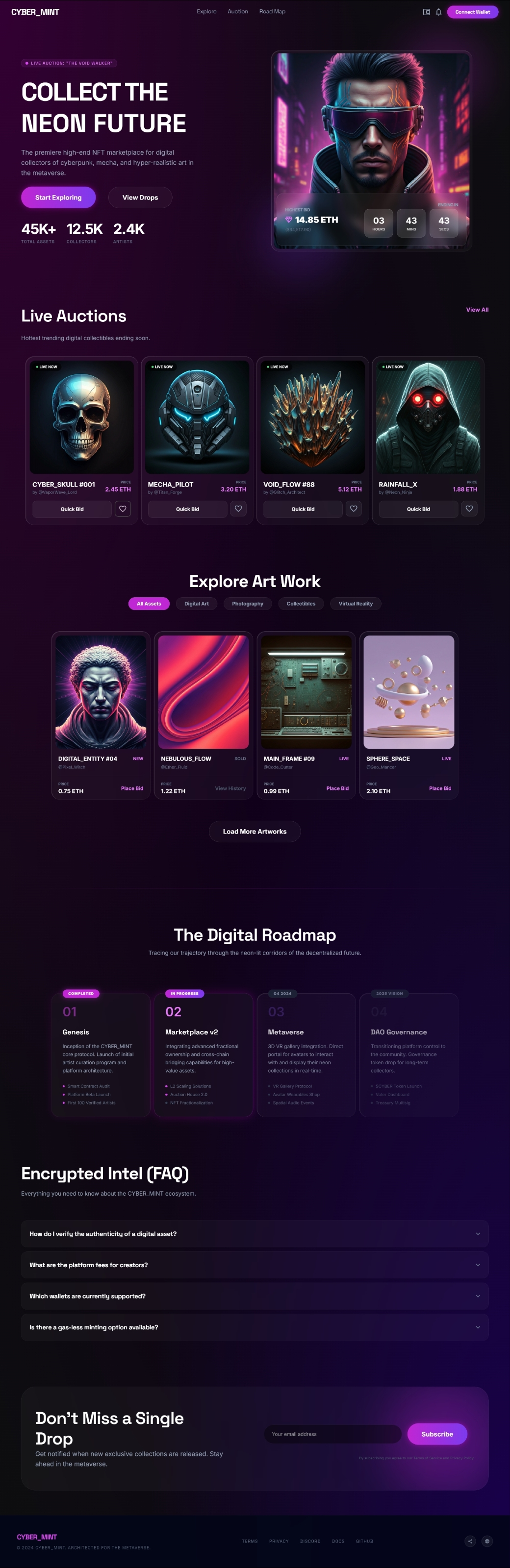 Cyberpunk NFT Marketplace Framer Landing PageDesigned and developed a high-fidelity, conversion-focused landing page for "Cyber_MNT," a futuristic cyberpunk NFT marketplace. Translated a dark-mode, neon-accented aesthetic into a responsive web layout featuring live auctions, categorized digital art grids, an interactive project roadmap, and functional FAQ accordions. Focused on creating a visually striking, premium web presence with intuitive navigation to drive user engagement and wallet connections.#Framer