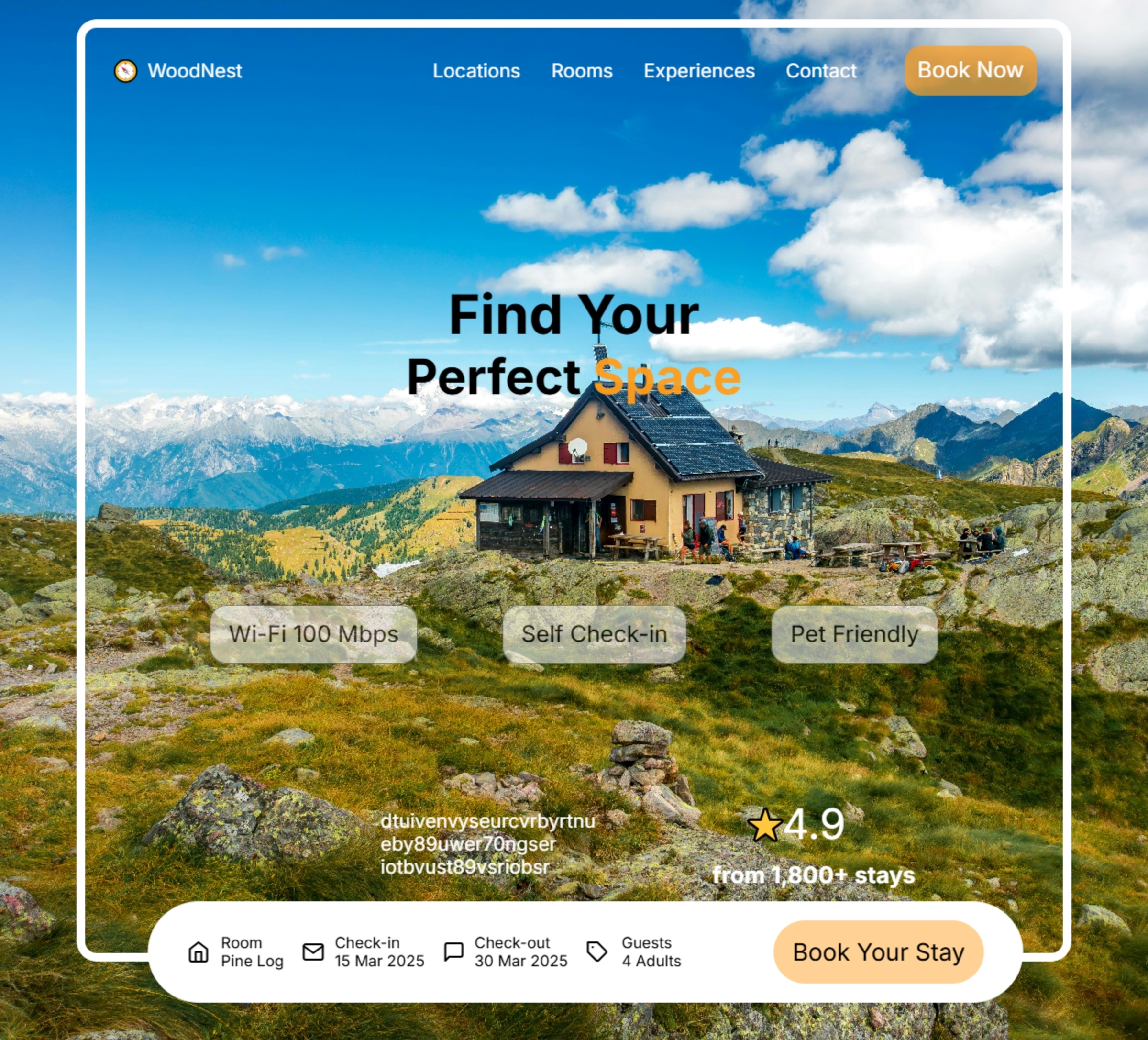 A premium travel and vacation rental landing page hero section featuring a scenic mountain cabin surrounded by breathtaking alpine landscapes under a bright blue sky. The modern website UI includes a clean glassmorphism navigation bar, bold typography, property highlights, guest ratings, booking information, and a prominent call-to-action button. Perfect for hotel booking platforms, vacation rentals, Airbnb-inspired websites, tourism agencies, travel startups, web design showcases, UI/UX presentations, and hospitality marketing. Contemporary interface with elegant layout, responsive design, and a luxurious outdoor travel experience.
