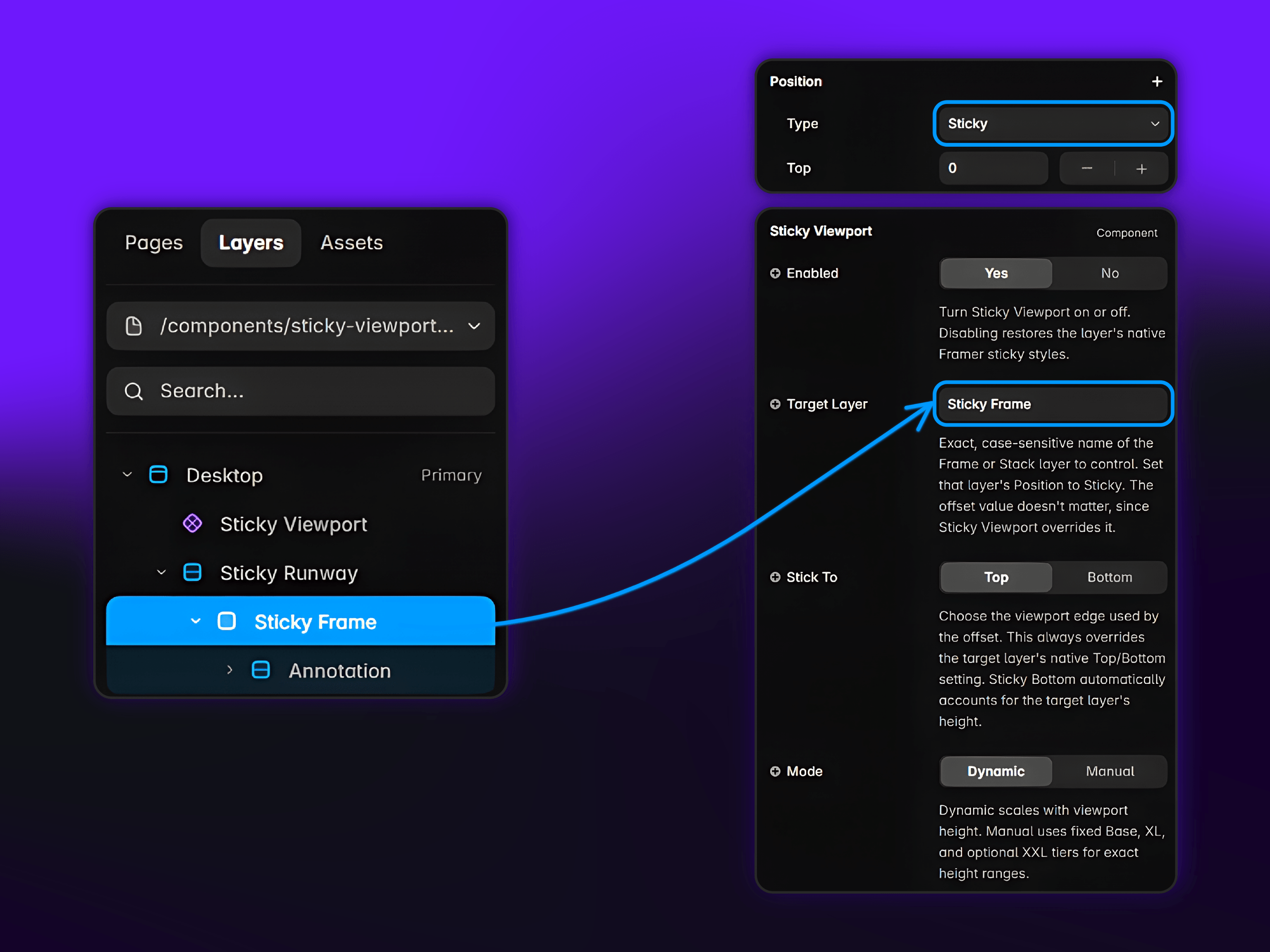 Sticky Viewport component just went live. Here's why it's built the way it is.A single fixed offset rarely holds up across different viewport heights. Sticky Viewport adapts the offset and makes the behavior visible: a live Diagnostics overlay confirms target status, sticky state, viewport height, and final position, both in Preview and on the published page.Dynamic mode automatically scales with viewport height. Manual mode locks the offset to fixed tiers. Runs on Framer's native Sticky workflow, no custom code required.Shots below: naming the target layer, Diagnostics mid-scroll showing Active sticky state, and Properties panel showing Dynamic vs Manual modes.Full setup guide →