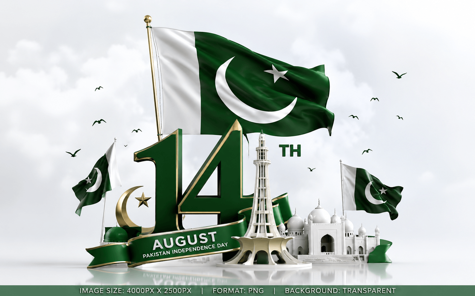 A premium 3D illustration celebrating Pakistan Independence Day (14 August), featuring a waving Pakistani flag, Minar-e-Pakistan, elegant Islamic architecture, crescent and star, and a modern patriotic design. Perfect for Independence Day campaigns, greeting cards, banners, social media, websites, posters, presentations, and editorial or commercial projects.