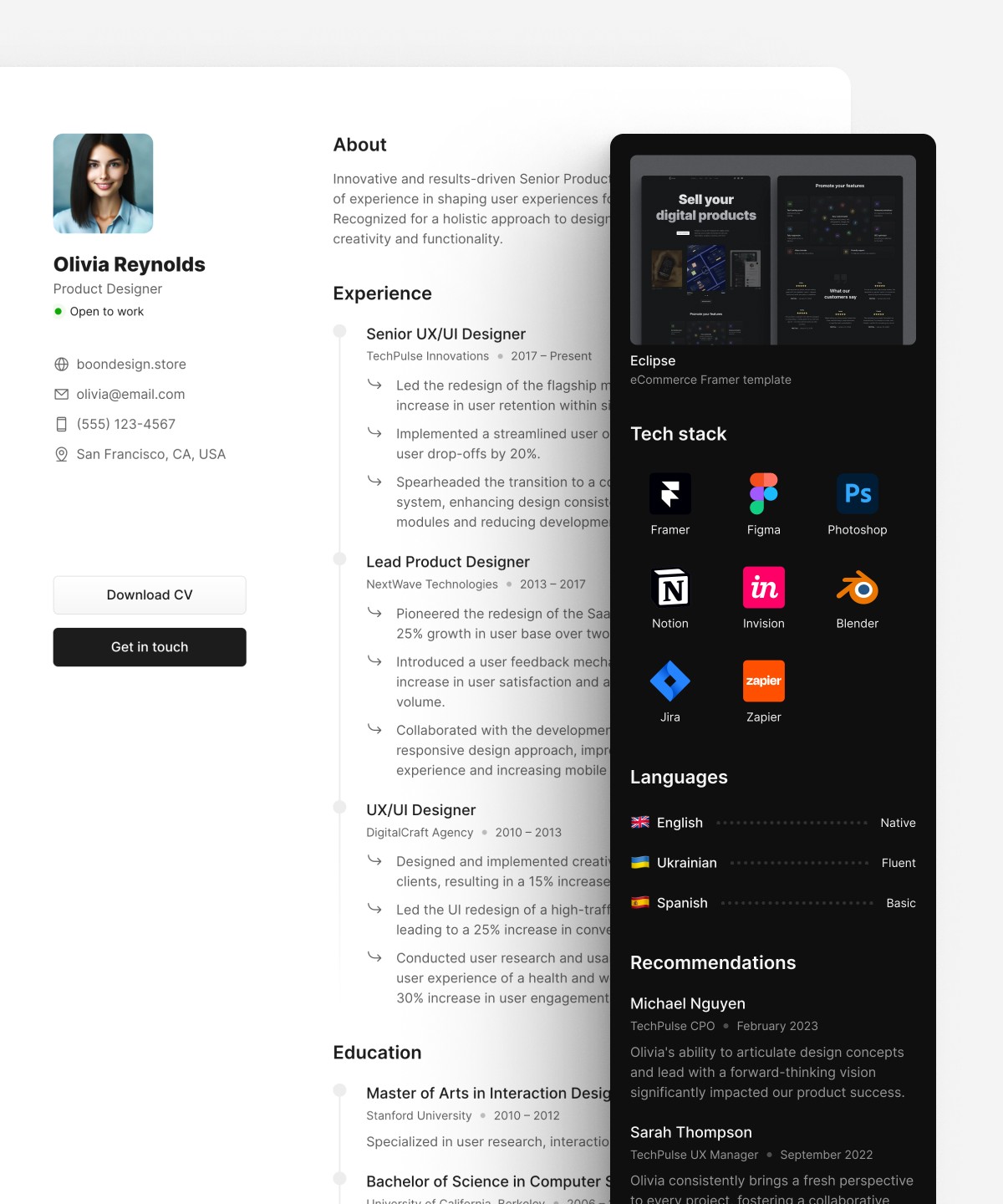 Screenshot 1 for CVictory, a Framer Marketplace template by Boon Design.