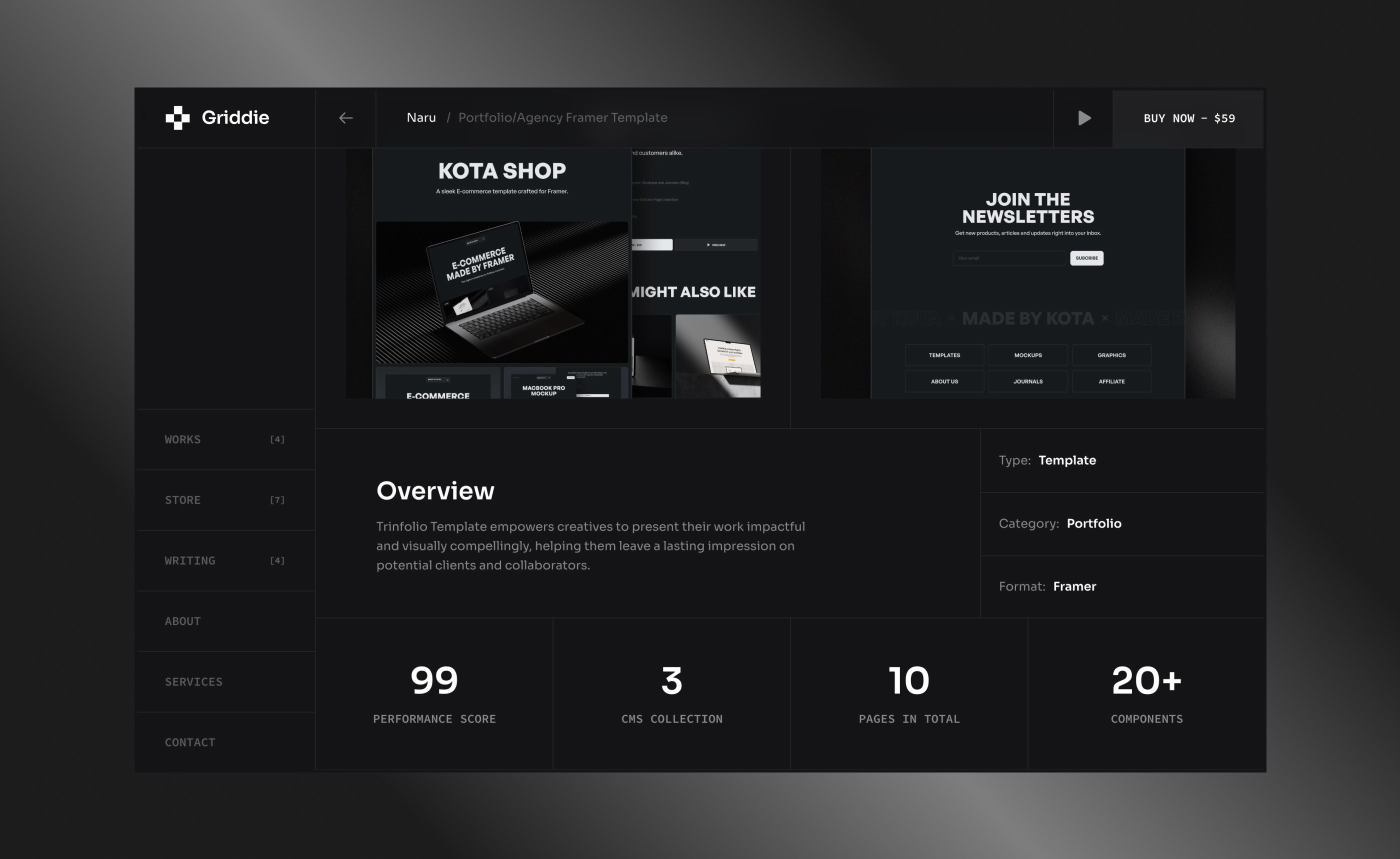 Screenshot 4 for Griddie, a Framer Marketplace template by Kota.