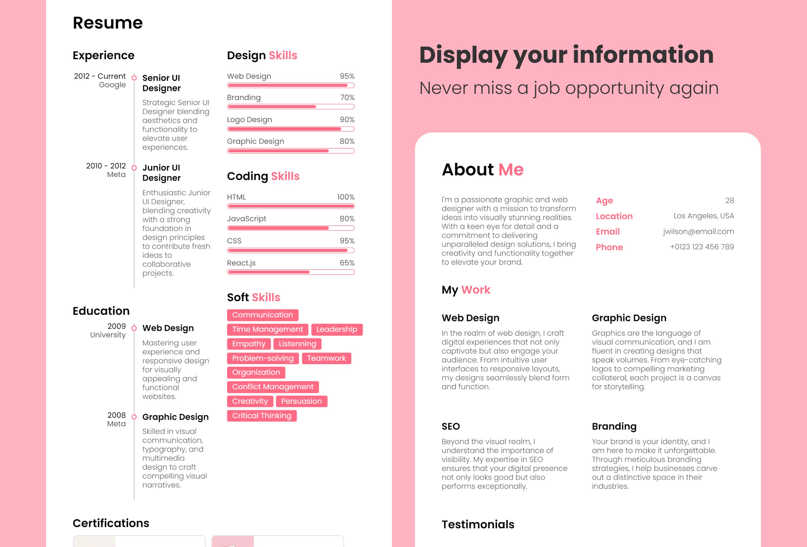 Screenshot 3 for Resumify, a Framer Marketplace template by Raquel Ferreira.