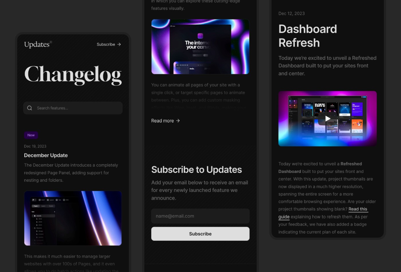 Screenshot 3 for Updates, a Framer Marketplace template by Cédric.