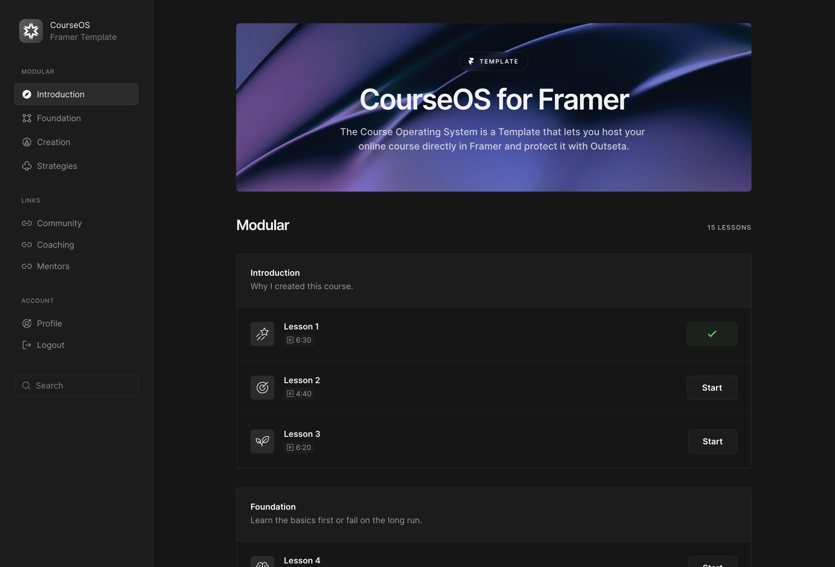 Screenshot 2 for CourseOS, a Framer Marketplace template by Cédric.