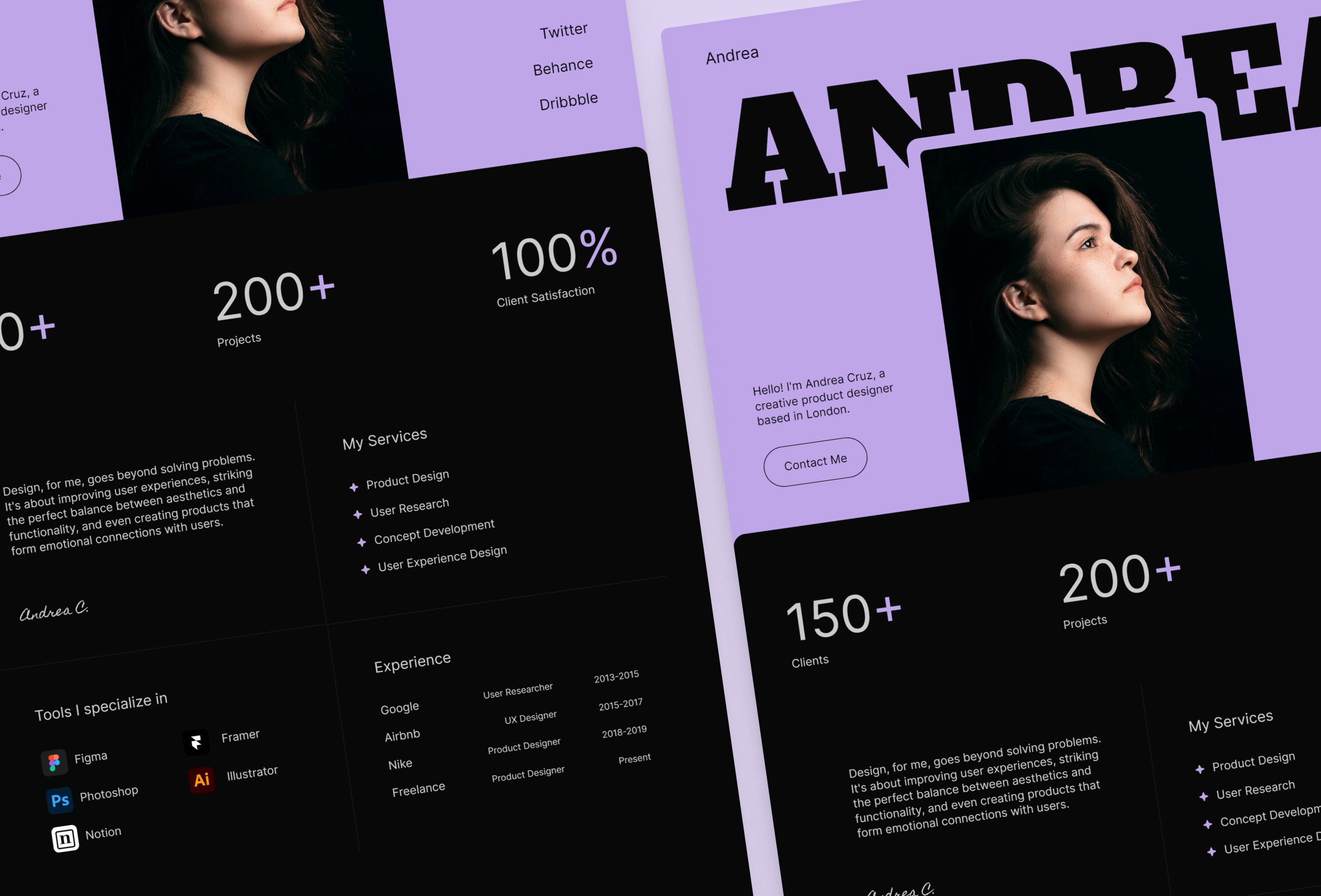 Screenshot 2 for Andrea, a Framer Marketplace template by Kağan Kurşun.
