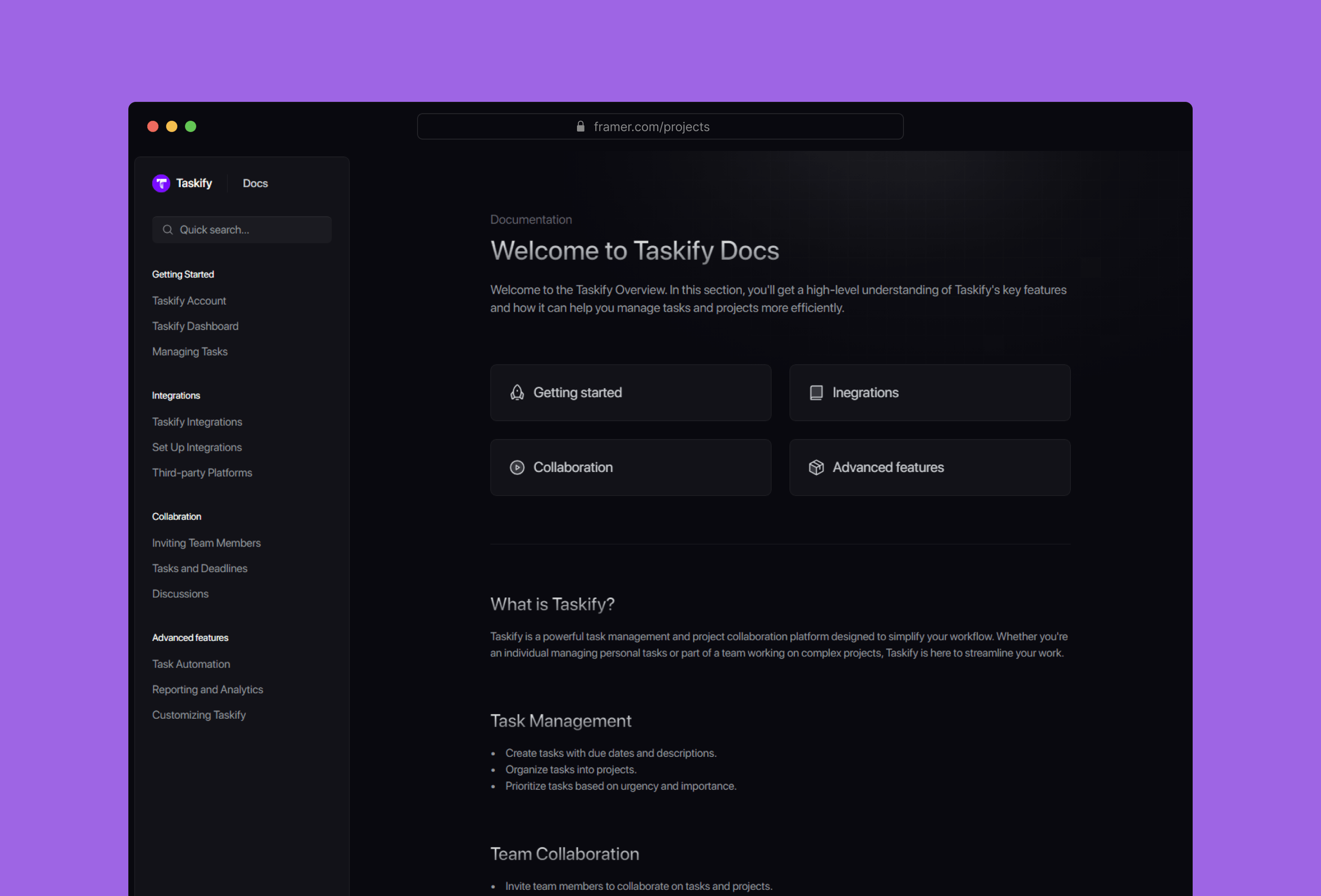 Screenshot 3 for Taskify, a Framer Marketplace template by Dmytri Ivanov.